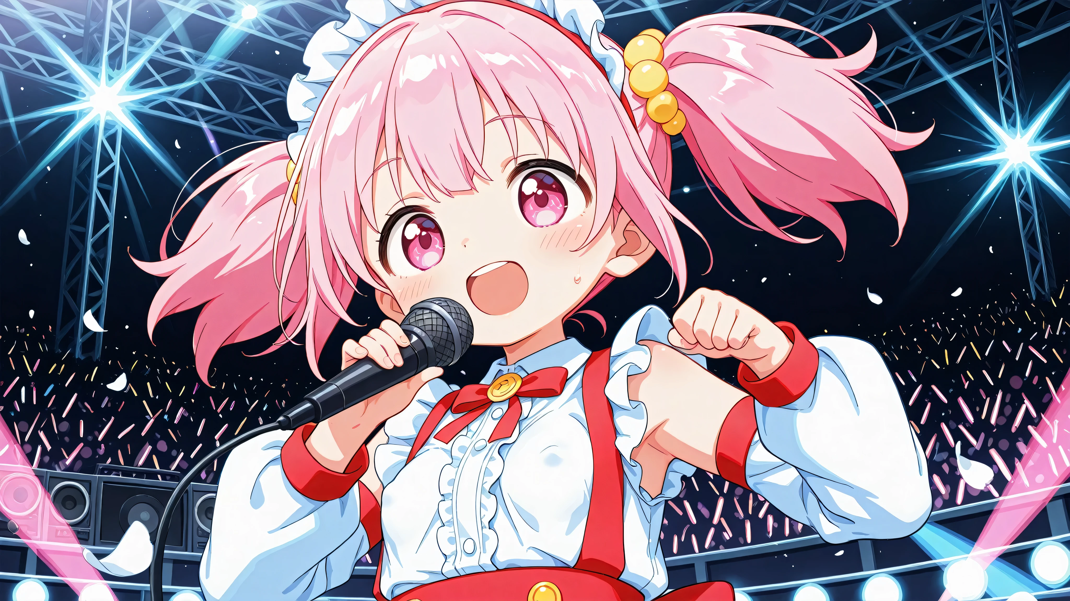 A woman singing into a microphone.she says 、 Pink hair with twin tails 、pink eyes、slightly larger boobs、white、little girl、2060 is a gentle