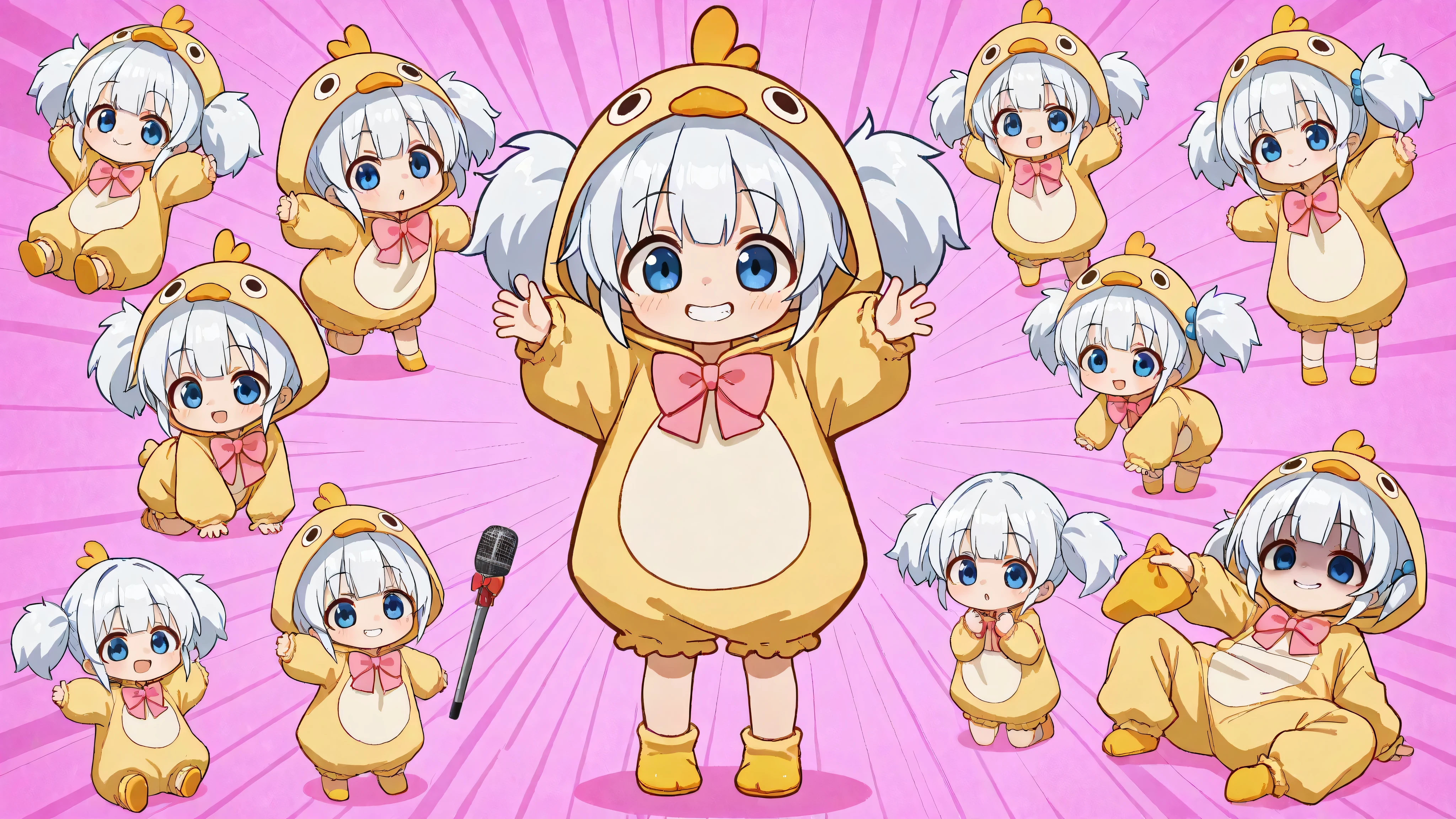 A woman singing into a microphone. Chibi, full body, cute girl, naughty smile, evil smile, yandere, silky shiny flowing platinum fluffy short pigtails and sideburns, wearing a cute puffy duck costume, pink bow tie, background is simple hot pink with various large and small white cracked dots scattered, masterpiece, top quality, amazing quality, hyper detail, latest, very aesthetic傑作,最高品質,からのブリードウルトラディテール,不条理,水彩画 \(中\),パステルカラー,multicolored 戻るground,(ベクターフレーム:1.5),
1girl,桜井桃佳,魔法少女,立っている,長袖,フラワー,首を傾げる,上半身,半分閉じた目,魅惑的な_スマイル,傾斜_前方,アーム_後ろ_戻る,指を口に,parted lips,