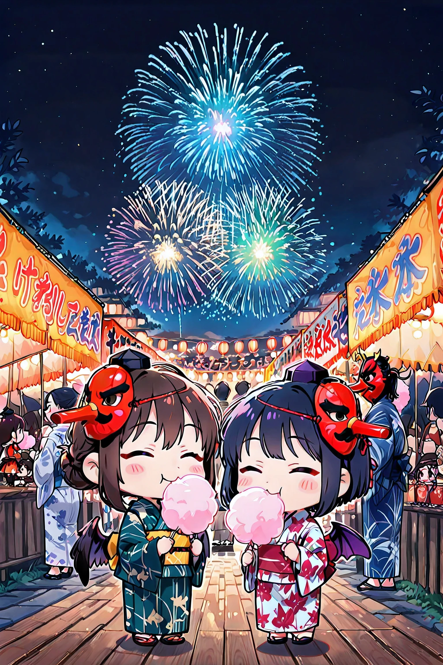 score_9, score_8_superior, score_7_superior, masterpiece, best quality, absurdres, high_fidelity, vibrant, sauce_anime, rating_safe, Adorable, 2girls, (chibi:1.5), (Tengu mask:1.3), yukata, kimono, tengu wings, blush stickers, eating cotton candy, summer festival, crowded street, crowd of Japanese yokai, traditional Japanese lanterns, food stalls, wooden stalls, festive atmosphere, night sky, aerial fireworks,, soft lighting