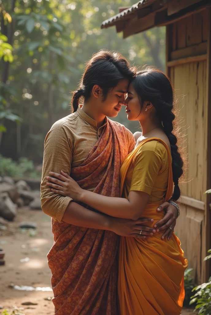 A india girl in a red saree crying with her head on a indian boy's lap. They are on a beautiful garden of red Roses 