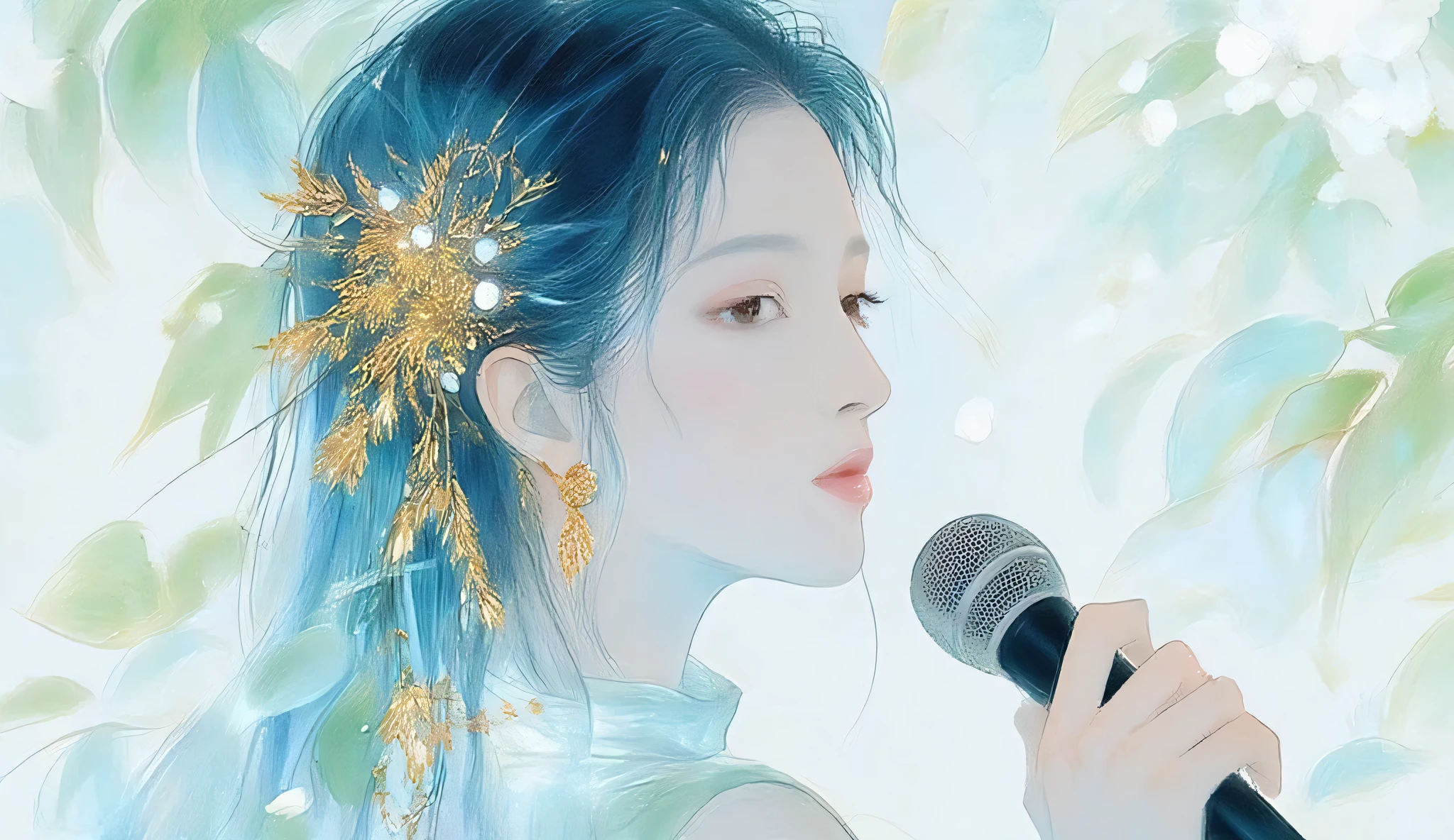 A woman singing into a microphone.work. A woman wearing a golden natural motif accessory、 flowing , digital art with quiet and mystical scenes。they look like waves and fog、gracefully on translucent green leaves I'm leaning back. the leaves mix with delicate white petals、to the beautifully vivid and vividly drawn. the overall color is soft、Calming, Blue and white shades dominate, Inspires peace and serenity. but、The lines in the painting are extremely delicate、shine mysteriously.the woman's posture and gentle flow of leaves、suggest movement and grace, creating a harmonious, dreamy atmosphere.The colors and fine lines、shines amazingly. add elegance and serenity.