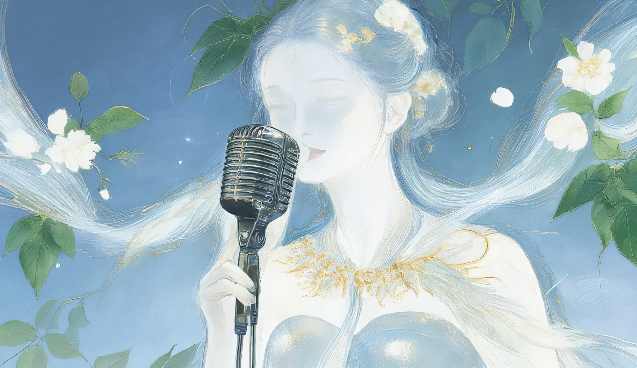 A woman singing into a microphone.work. A woman wearing a golden natural motif accessory、 flowing , digital art with quiet and mystical scenes。they look like waves and fog、gracefully on translucent green leaves I'm leaning back. the leaves mix with delicate white petals、to the beautifully vivid and vividly drawn. the overall color is soft、Calming, Blue and white shades dominate, Inspires peace and serenity. but、The lines in the painting are extremely delicate、shine mysteriously.the woman's posture and gentle flow of leaves、suggest movement and grace, creating a harmonious, dreamy atmosphere.The colors and fine lines、shines amazingly. add elegance and serenity.