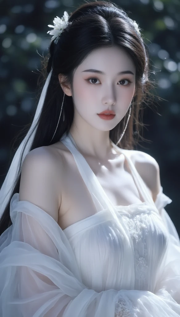 masterpiece, best quality, High resolution, 4k, Official Art,,An adult female,girl, full_breast, Plain tulle Hanfu,Amorous,Ink background,Ink splashes,The headdress is complex