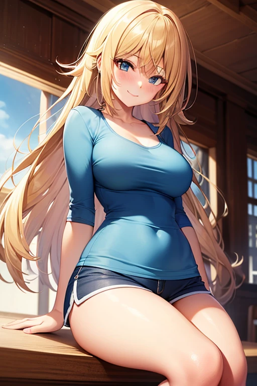 Create a photo-realistic young woman with blonde hair (Shoulder length), blue eyes and big breasts. She is wearing a white T-shirt, Round neck, Long Fit、Short sleeve, No bra, She also、She is wearing a unicolor black cotton miniskirt. She climbs out of the pool, soaked. The T-shirt fits snugly to the body.、A little transparent. whole body, Wide-angle shot.