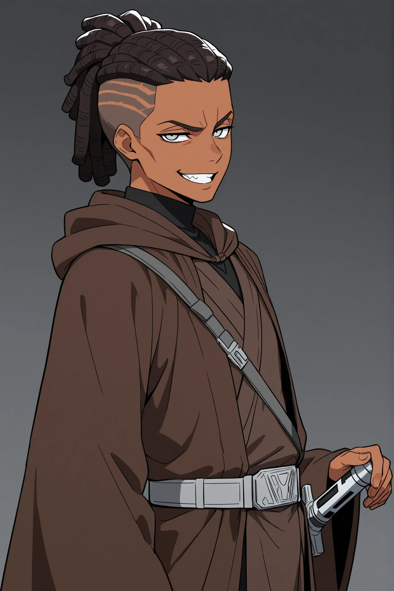 undercut,masterpiece, high quality, ultra-detailed, (1boy), dark skin color, (black Jedi robes), Jedi attire, handsome guy, inspired by starwars, Jedi knight attire, jedi robes, grey belt, Brown Jedi cloak, silver eyes, (Pale Silver eye color), lightsaber hilt on belt, (dark tan skin color), (Dreadlocks hairstyle), (Confident smug egoist wide toothy Grin Satoru gojo facial expression)