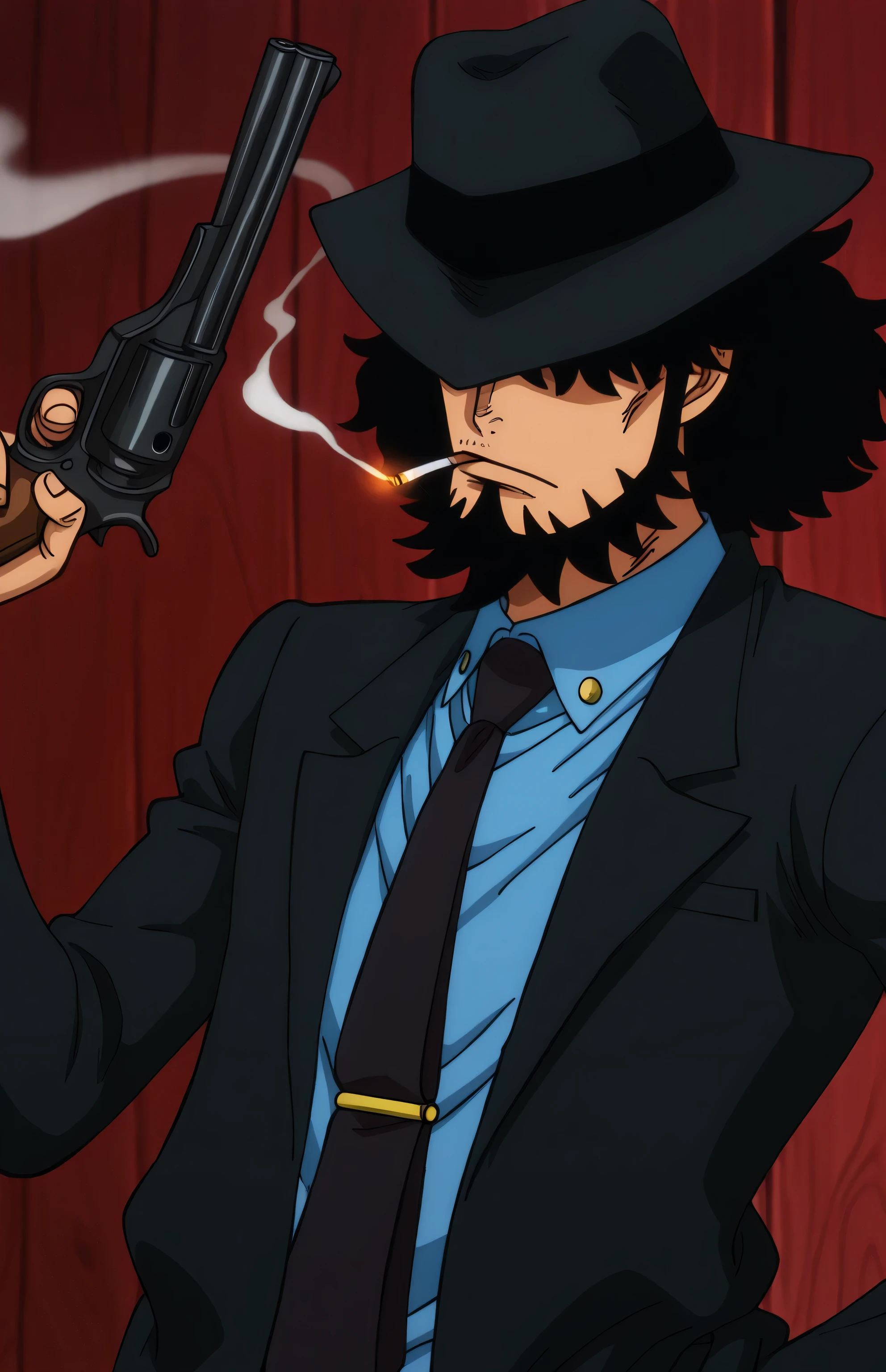 1male,solo,Daisuke Jigen,black hair,medium hair,black fedora hat,hat over eyes,beard,black suit,blue shirt,black necktie,smoking,ciggarette,muscle,hand gun,One Piece Anime Style