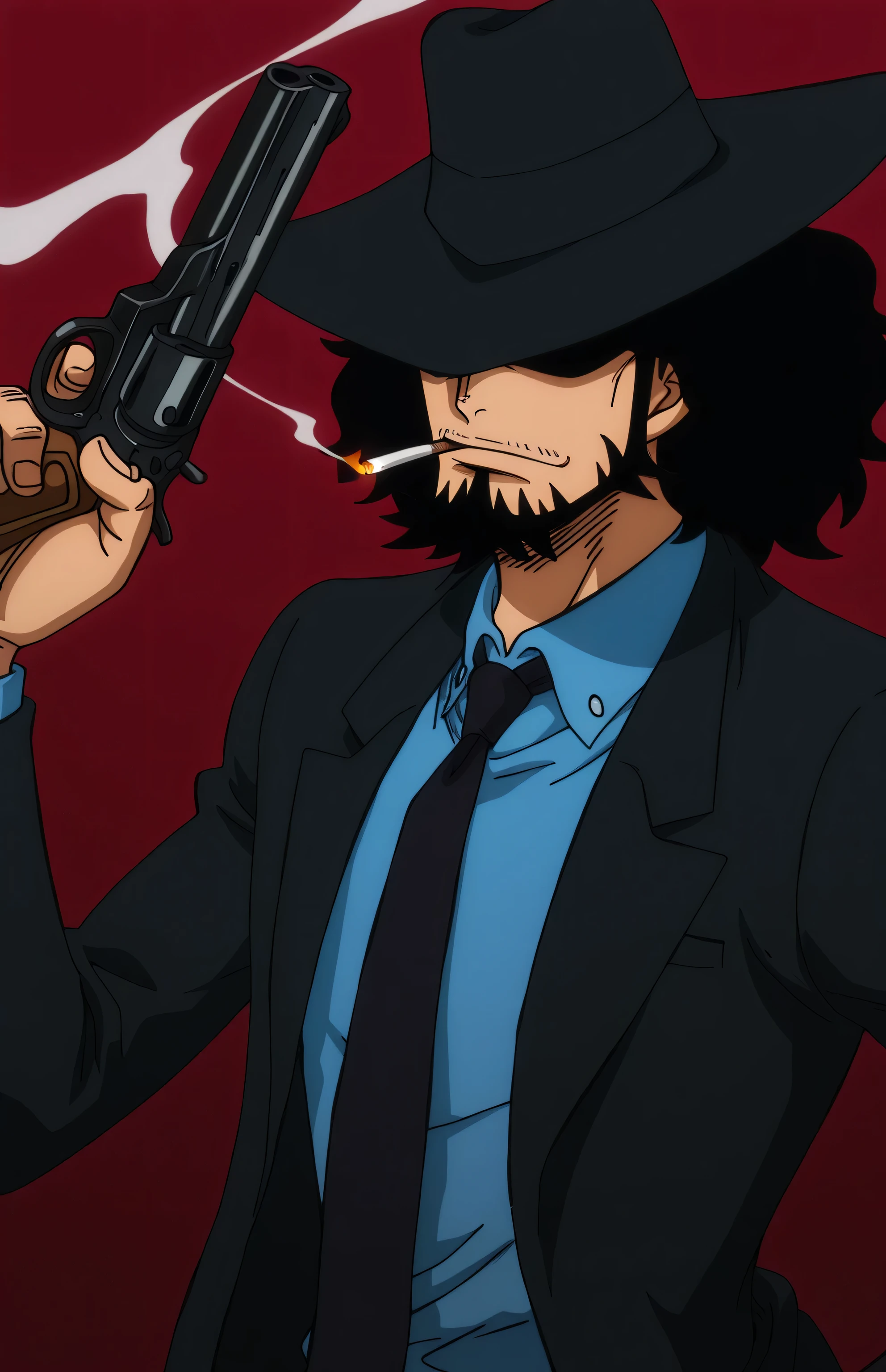 1male,solo,Daisuke Jigen,black hair,medium hair,black fedora hat,hat over eyes,beard,black suit,blue shirt,black necktie,smoking,ciggarette,muscle,hand gun,One Piece Anime Style