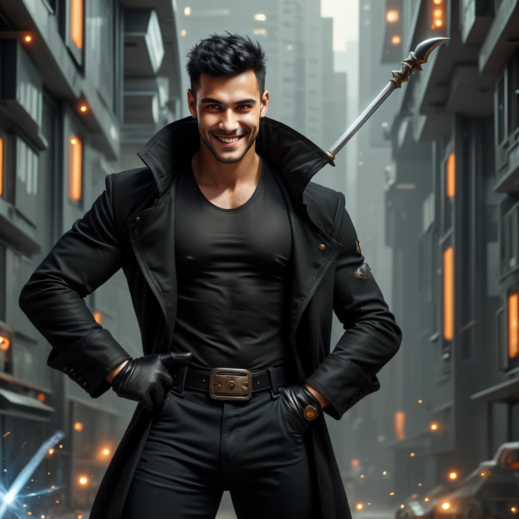 Male magician with black skin wearing a light robe, short curly hair, slightly shaved on the sides, brown eyes, mysterious look, photo, realistic, cinematic, glamour, catastrophic background