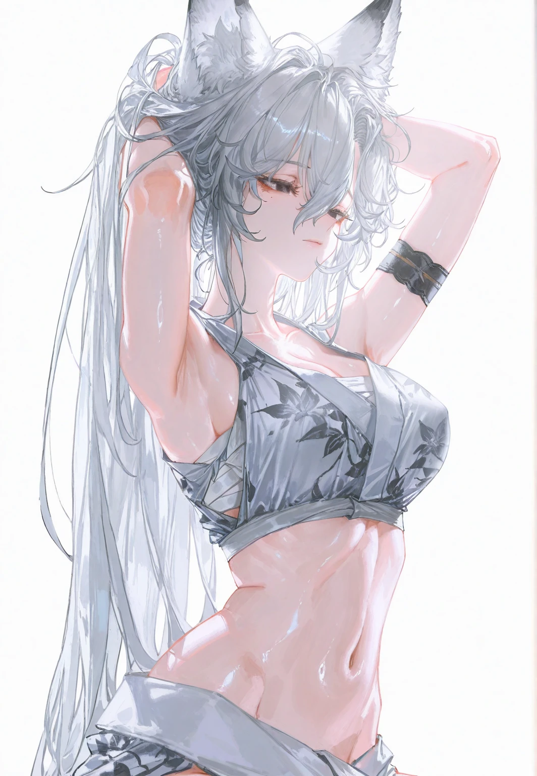 Silver hair, twin tails, breasts, ((big)), shirt, camisole, sweat, armpits