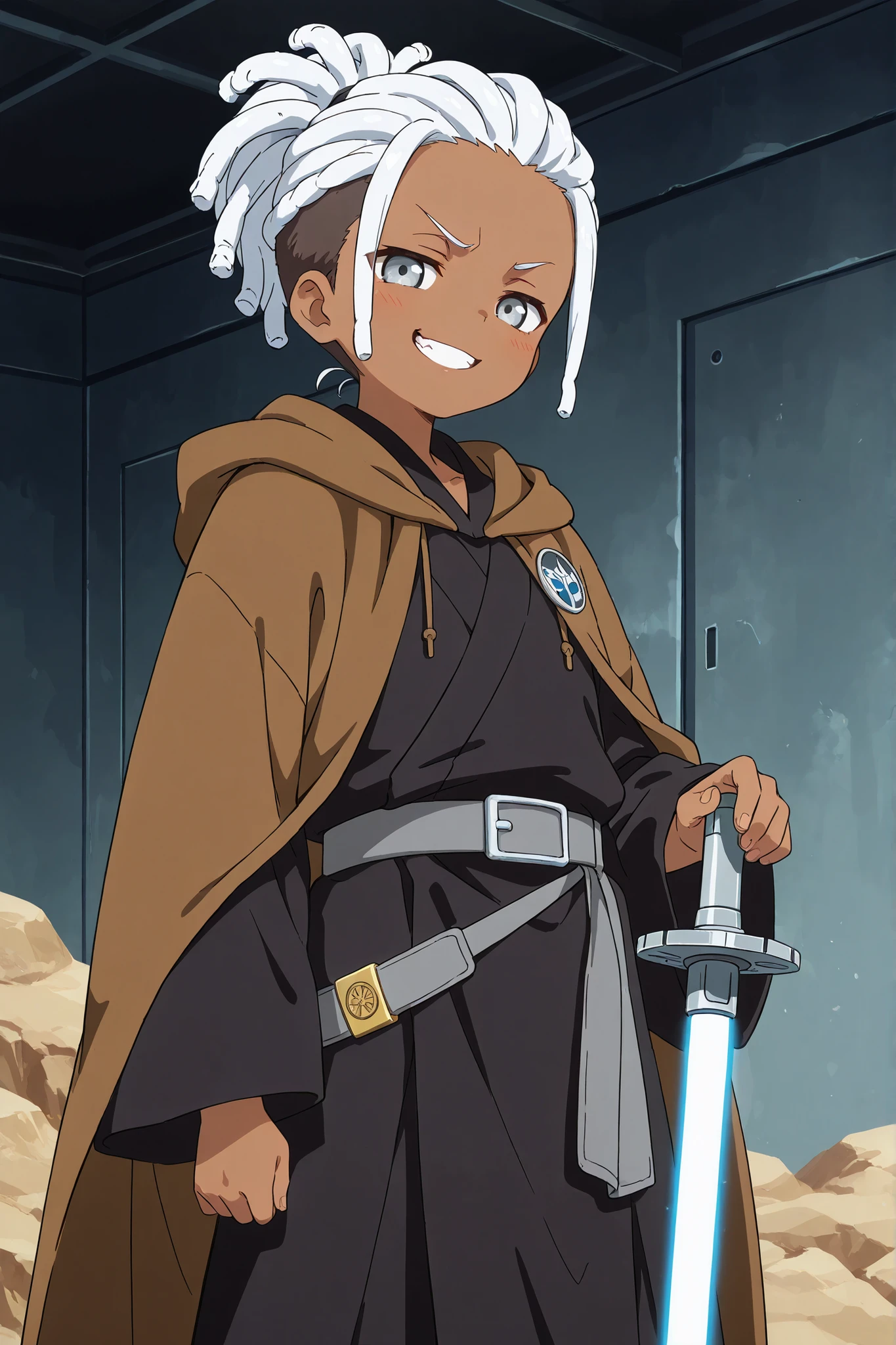 undercut,masterpiece, high quality, ultra-detailed, (1boy), dark skin color, (black Jedi robes), Jedi attire, handsome guy, inspired by starwars, Jedi knight attire, jedi robes, grey belt, Brown Jedi cloak, silver eyes, (Pale Silver eye color), lightsaber hilt on belt, (dark tan skin color), (Dreadlocks hairstyle), (Confident smug egoist wide toothy Grin Satoru gojo facial expression)