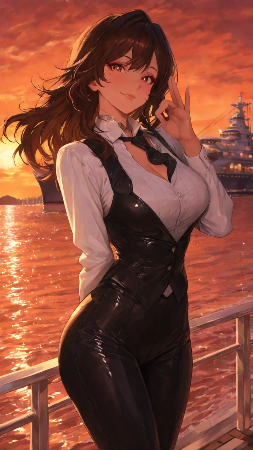 Sexy women in a naval uniform out at sea on a battle ship