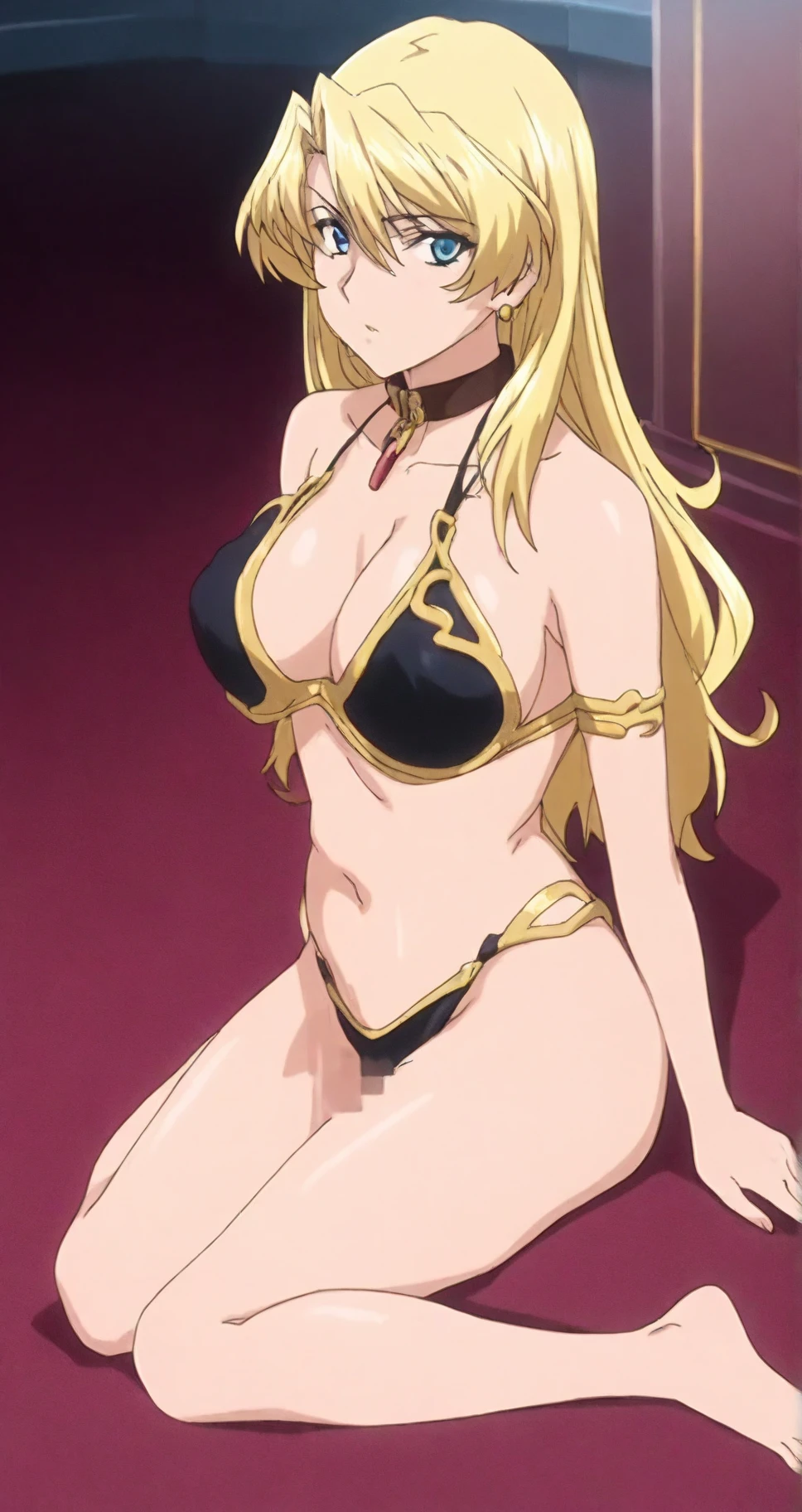 <lora:BibleBlackSaekiKaoriSchool_v10:0.7>
saeki kaori,
masterpiece, best quality,1girl,solo,(mature female:1.4),
armlet, barefoot, (Ornate armor: 1.6) bikini, Adorned black_bikini, blonde_hair, blue_eyes, breasts, earrings, jewelry, kneeling, long_hair, medium_breasts, navel, o-ring, ponytail, simple_background, solo, swimsuit, thigh_strap,