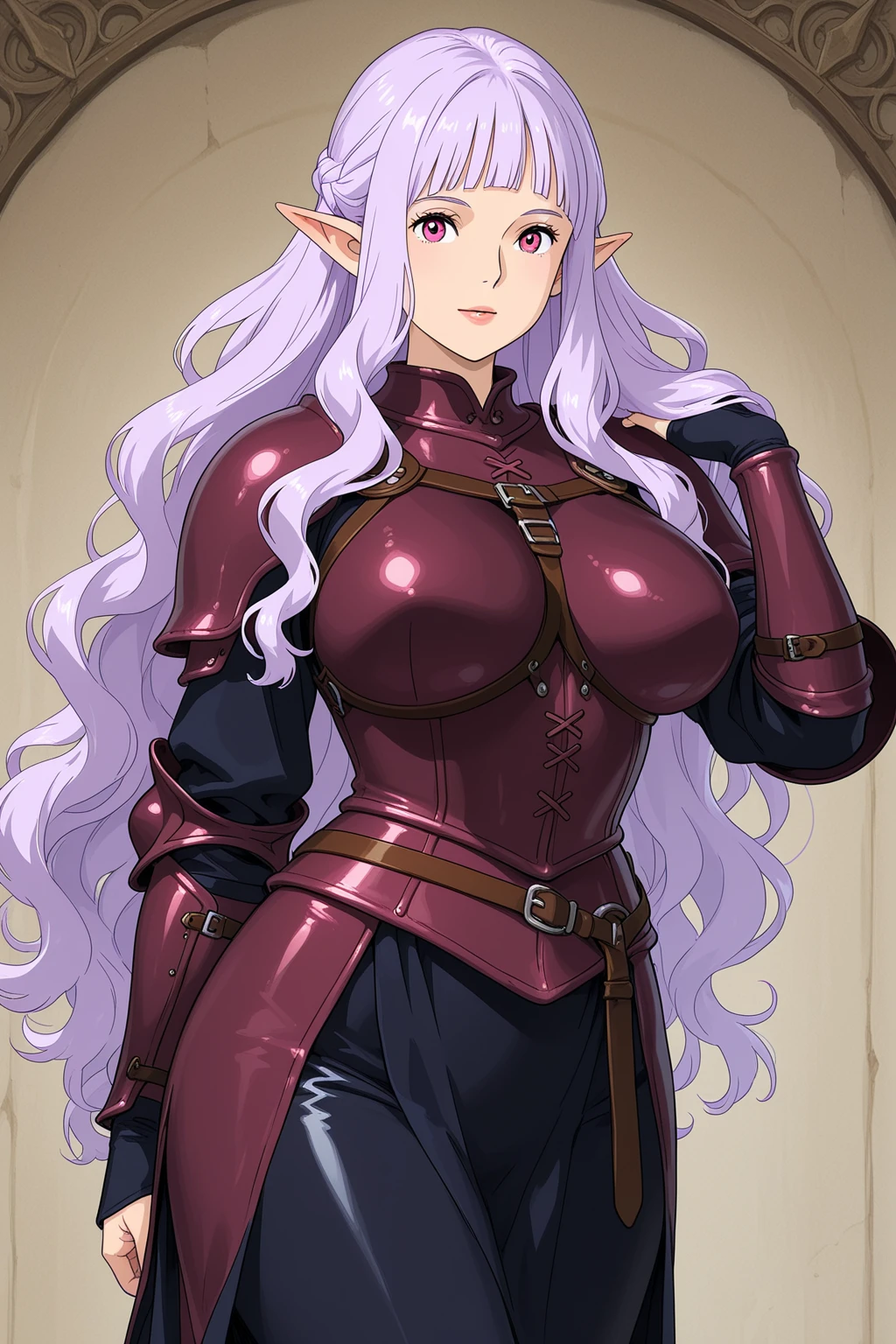 masterpiece,best quality,highres,original,game cg,illustration,(oil painting \(medium\), traditional media),
((1girl as armored elf knight with pointy ears and long hair)) and detailed yellow eyes and glossy eyes,
outdoors in medieval european city with pavement,morning,
(painterly,cel shading,depth of field),fine details,authentic,photorealistic,((nsfw)),
cowboy shot,medium shot,(solo,solo focus),face focus,
(she wears ornate steel armored breastplate and armored thong) and elbow gloves and fingerless gloves and armored thighboots,
(looking at viewer, blushing, confident, parted lips),light smile,
bursting breasts,cleavage,
(legs apart,cinematic pose),upright,
sharp,outline,cinematic lighting,fantasy,baroque,
<lora:add_detail:0.3>,