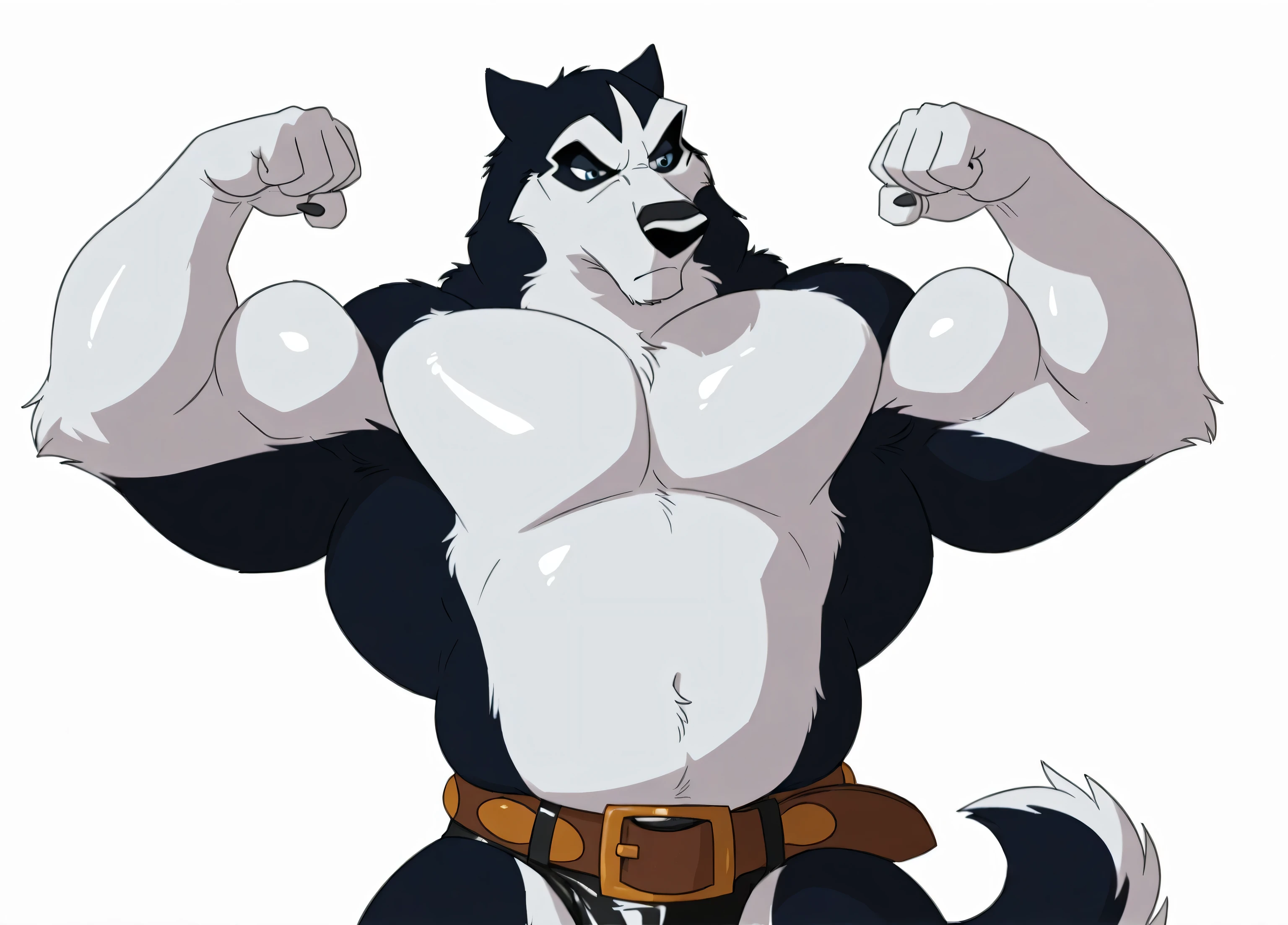 Steeleblt0, alaskan malamute, steele, steele (balto), (white fur, black fur), solo, alaskan malamute, dog, 4k, high quality, best resolution, detailed, male, masculine, very muscular, big pecs, broad shoulders, big body, thick arms, stern face, simple background, studio lighting, sharp focus, ice blue eyes, ((glistening fur, glistening body, glossy fur)), anthro, anthropomorphic, detailed fur, body fur, short fur, (big belt), leather briefs, tail, flexing, flexing muscles, flat color, cel shaded
