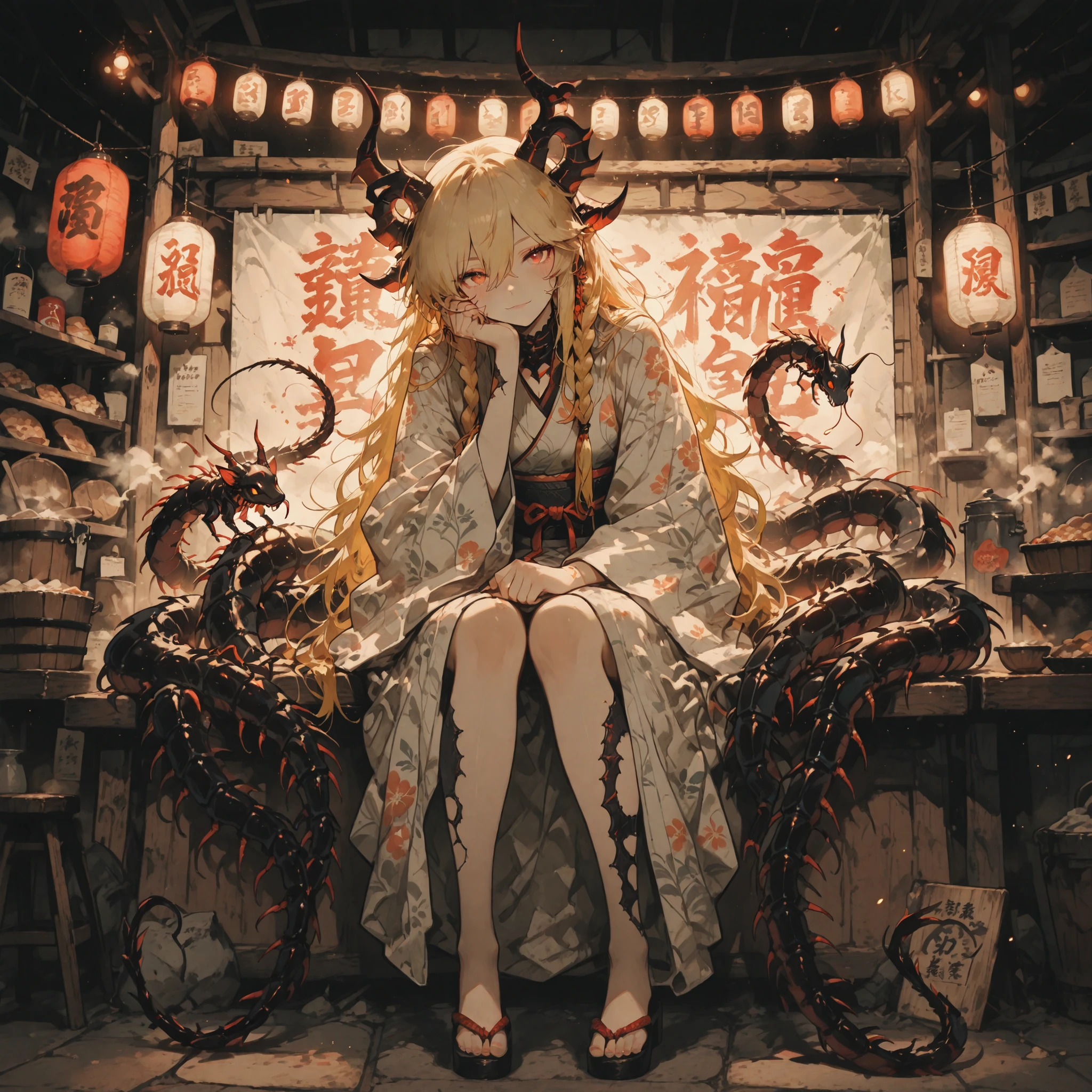  masterpiece, (Highest Quality, High-Resolution Creation,4K, 8k),  dragon tail  、, ((Land of Heroes)) , push、long hair、  Blonde  、 braids 、  Japanese Kimono、yukata、 perfect face 、 masterpiece, anatomically accurate , Highest Quality, Textured Skin,  film lighting effects, anime screenshot、full body、 Japanese monsters appear、Particles of Dust Drifting in the Air、with devil horns、Group of Japanese Yokai、Hyakki Yagyagyayo、Bon Dance Venue、Monster Horde（Painted wall、The Mouse Man、large centipede、is a shadokuro、Azuki Arai、Makuragashi 、Cat girl）、、A line of lanterns、Lots of monsters、Fair、Festival、stall、