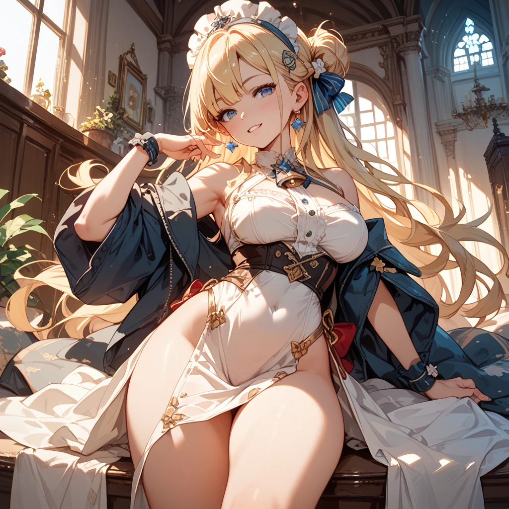 sensual, ((long blonde curly hair)), thick thighs, 8k, 4k, highest quality, High resolution:1.2), cute anime face, noise reduction, ((shining blue eyes, gentle smile, kind eyes))、toned abdominal muscles, muscular arms, muscular legs, young face, anime eyes, (((big breasts、A chest that is about to burst、Nipple exposure)))、(((Full body nude style)))、I'm wearing white high leg cut pants、please lie down on the bed