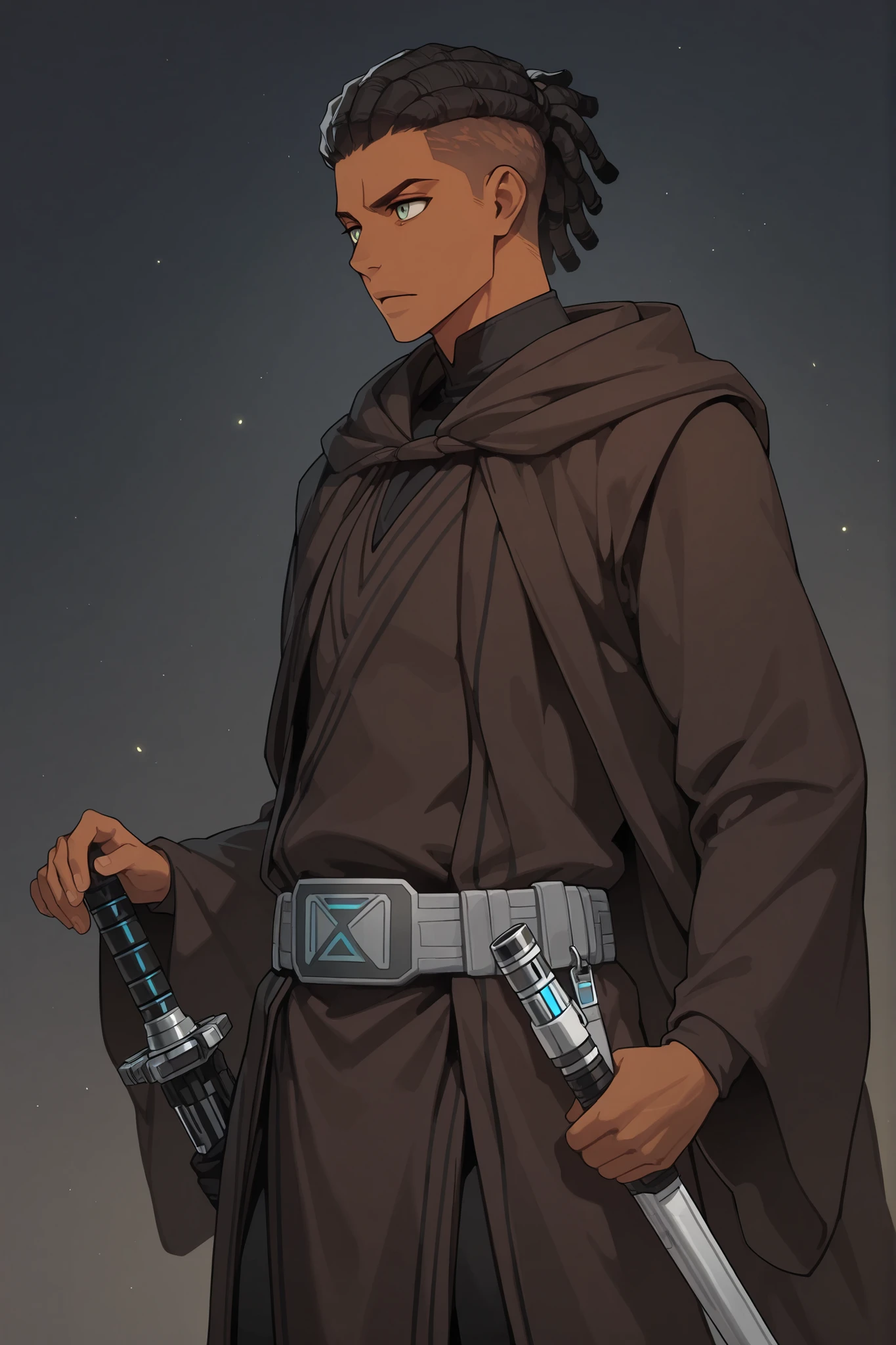 undercut,masterpiece, high quality, ultra-detailed, (1boy), dark skin color, (black Jedi robes), Jedi attire, handsome guy, inspired by starwars, Jedi knight attire, jedi robes, grey belt, Brown Jedi cloak, light pale gray irises, lightsaber hilt on belt, (dark tan skin color), (Dreadlocks hairstyle), (Calm blank expression)