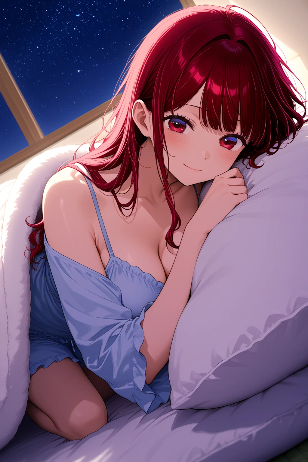 ((masterpiece)), ((best quality)), (ultra-detailed), anime style, look down from above, on the bed, a cute girl, 1girl, solo, underwear00, ((beautiful eyes)), smile