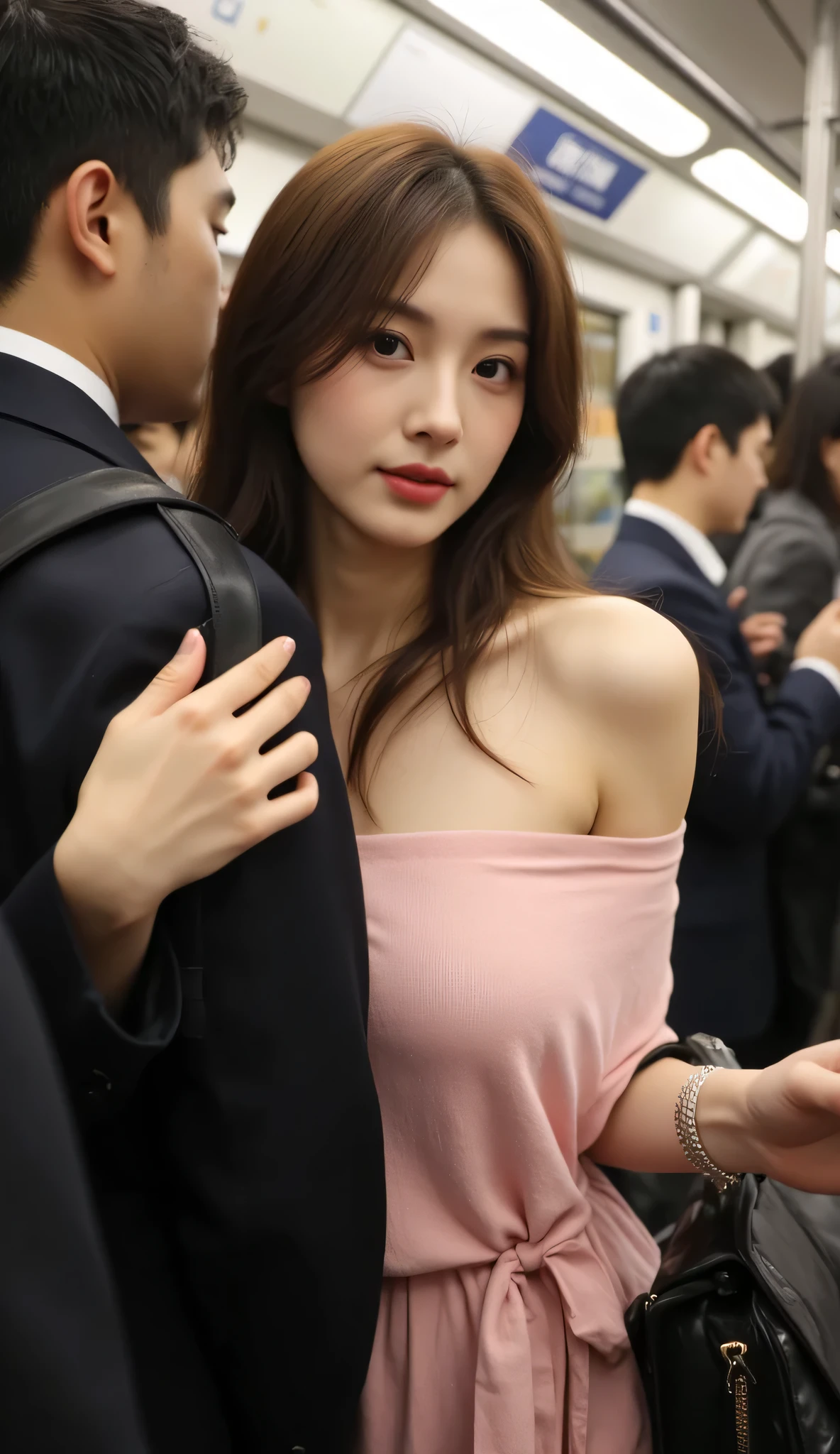 In the bustle of the TOKYO subway at rush hour, a woman caught in a dense stream of people. His body was wedged so tightly between the shoulders and backs of other passengers that he could barely move. A beautiful 25-year-old woman, her face resembles a model, Her hair is long and wavy, payudaranya besar, ukuran cup E 42, she wore a pink off-the-shoulder jumpsuit, her chest is attached to a man's back, her right hand holds a black bag. Her facial expression is seductive, This photo was taken by a hidden camera behind the backs of other passengers, Half-body close-up, foto tampak samping.
