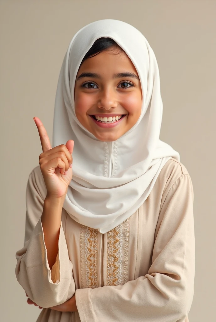 Hijabi girl 2 at home looks real uzbek girl and posing 2 fingers and smiling taking photos from far away