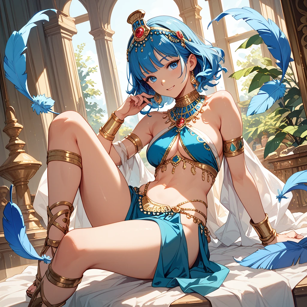 (masterpiece), best quality, expressive eyes, perfect face,Mature female,1 girl (ganyu,Genshin impact),(belly dancer outfit,exposed midriff,topless),royal bedroom background,medium breasts,smile,topless,nipple,slim figure,