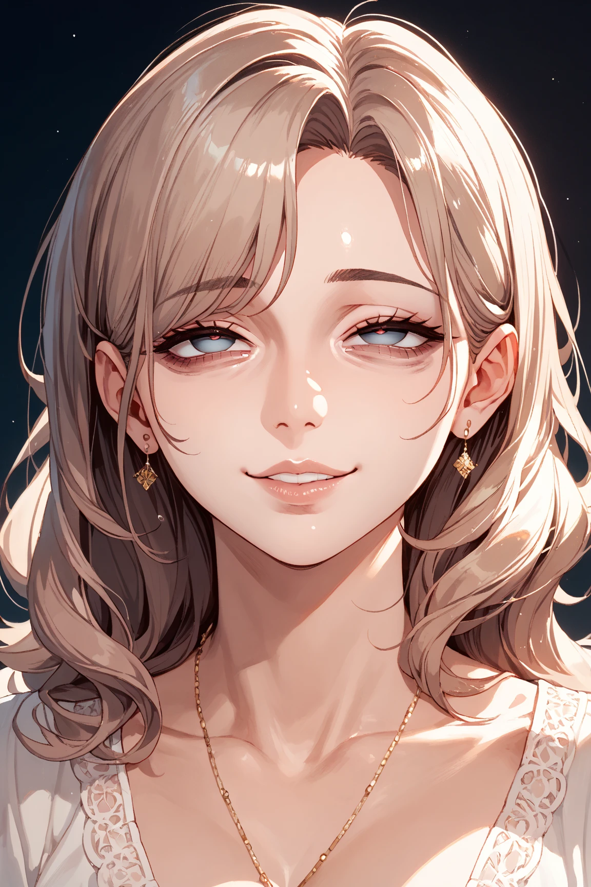 soft, silky blonde hair, adorned with subtle layers and a gentle wave, on an anime-styled female character with delicate  features, bright, expressive purple eyes, and a warm, white skin tone, adding a touch of elegance to the character's overall appearance, set against a soft, creamy white backdrop with a subtle gradient effect, with the overall aesthetic blending Japanese-inspired kawaii elements with a touch of sophistication and glamour,  wearing a Hawaii shirt, big , summer