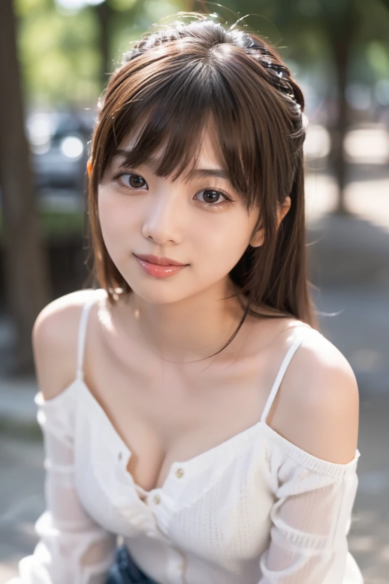 Smile、natta、Raw photography、(((Portrait of extreme beauty)))、((glistning skin))、女の子1人、17-year-old beautiful girl in Prague、bright expression、((brown haired))、(cleavage of the breast)、(Larger hoodie)、[Big blue eyes that shine like jewels]、Glossy glossy skin、Silky long straight hair、eye liner、Beautiful bangs、Hair between the eyes、((​masterpiece、top-quality、ultra-detailliert、Film Light、intricate-detail、hight resolution、ighly detailed))、细致背景、8KUHD、Digital SLR、Soft light、hightquality、Film grain、FujifilmXT3 、Shallow depth of field、natural soft light、Kamimei、beutiful breast、((Angle up to the knee))
