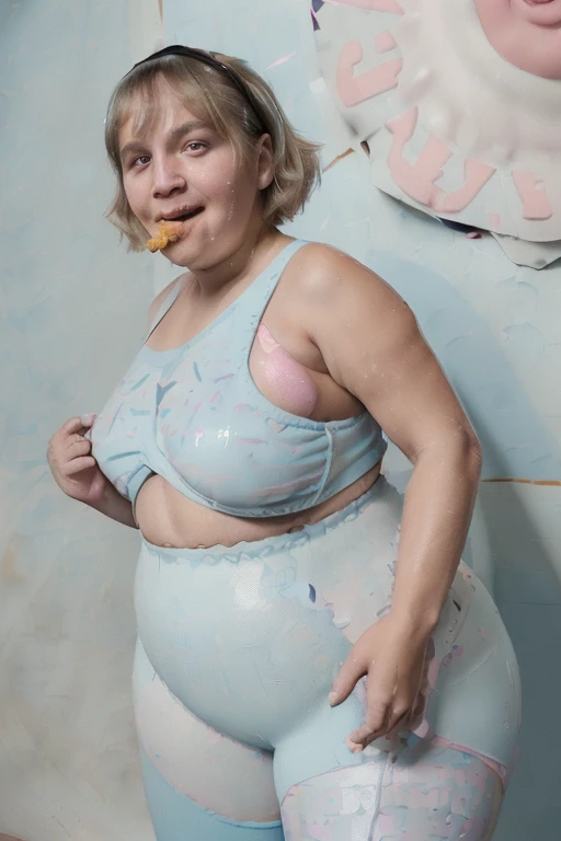 (best quality, highres, ultra-detailed), realistic, portrait, sweaty Colombian mature 65 year old looking red head curly-haired busty lady, standing in the middle of boardwalk at Coney Island , looking up at an flying disc invasion, dressed in ripped underwear shorts, wet white transparent crop top tied in the front, vibrant colors, natural lighting. Curvy body squatting