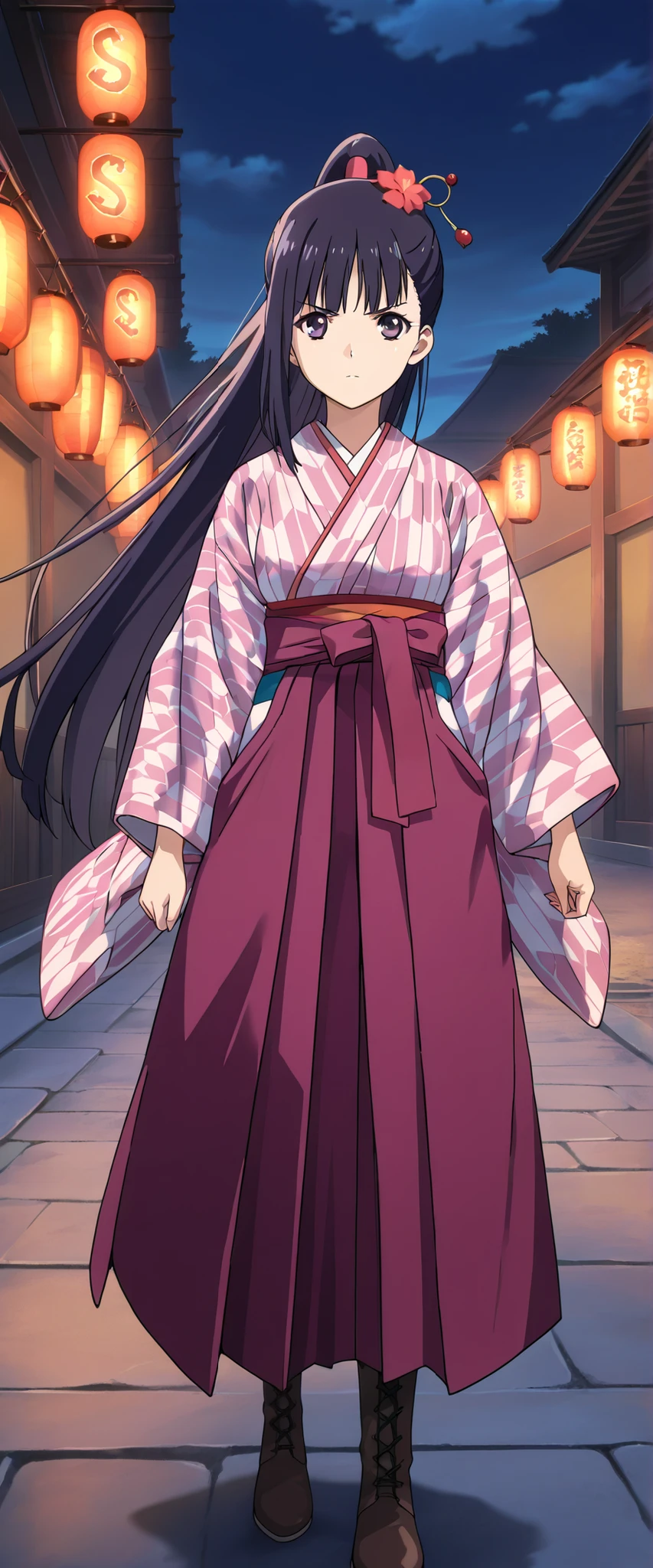 score_9_up, score_8_up, score_7_up,official art,anime coloring, BREAK,1girl,solo,
Yomogawa Ayame , Kabaneri of Iron Fortress, very long hair, high ponytail, dark haired, purple eyes,BREAK,japanese clothes,kimono,yagasuri,(hakama,long skirt,both side deep slit),cross-laced footwear,knee boots,BREAK,serious,standing,BREAK,looking Viewer,outdoor,night,front view,