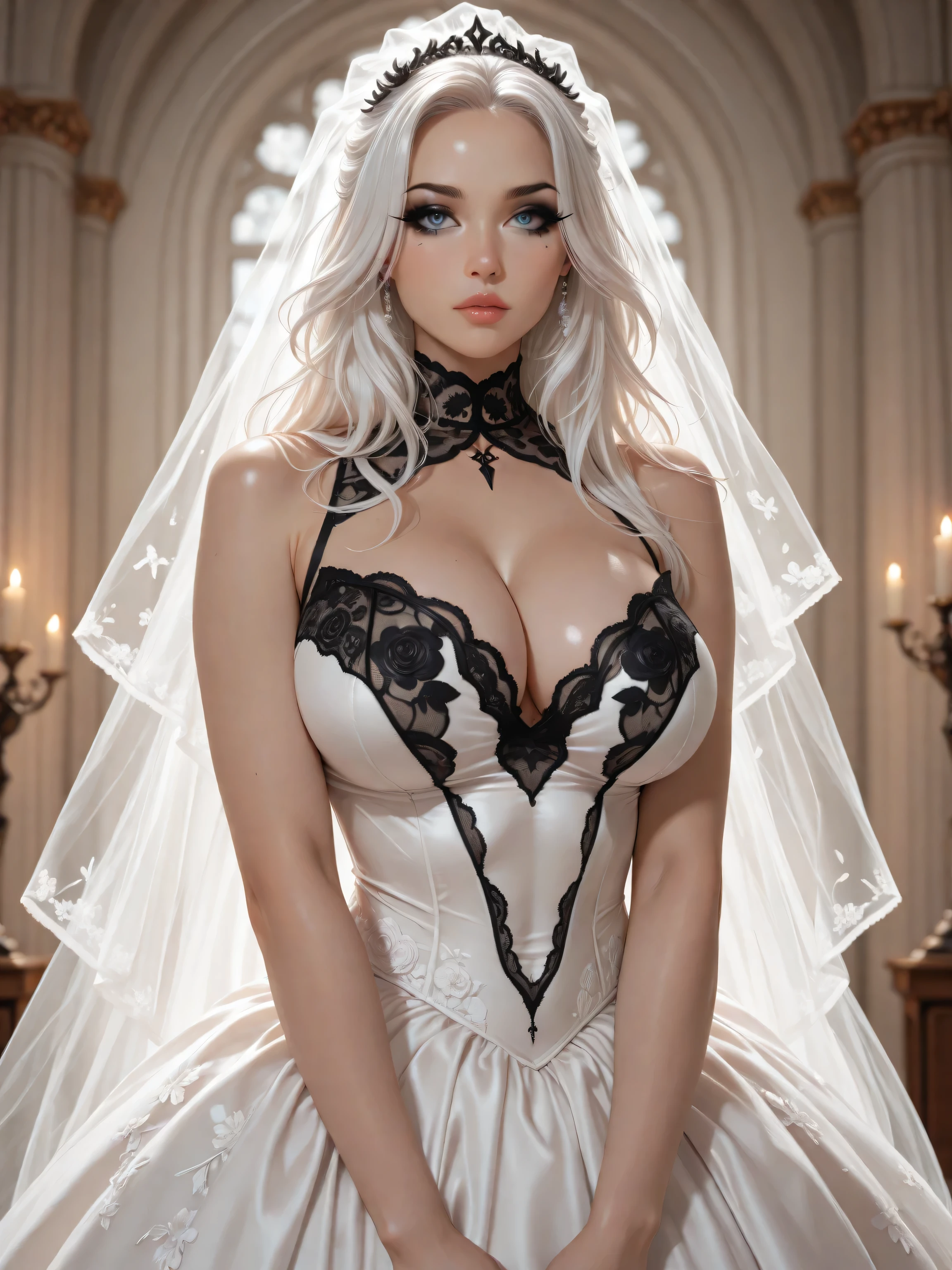 1 arab Girl Beautiful, Baby symmetric Face, 17 Years Old,,enormous Breasts ,,((wearing black wedding dress elegant)) long SILVER curly and wavy SILVER Hair tied in a daenerys hairstyle from game of thrones hairstyle. adorable masterpiece ((yellow honey colored eyes)) , very thick hourglass figure body,, looking at viewer ,grabbing breasts , showing pussy to viewer.  seductively,(nightime).wearing jewelry, crystal necklaces,earrings, rings,wearing very dark eyeshadow,
