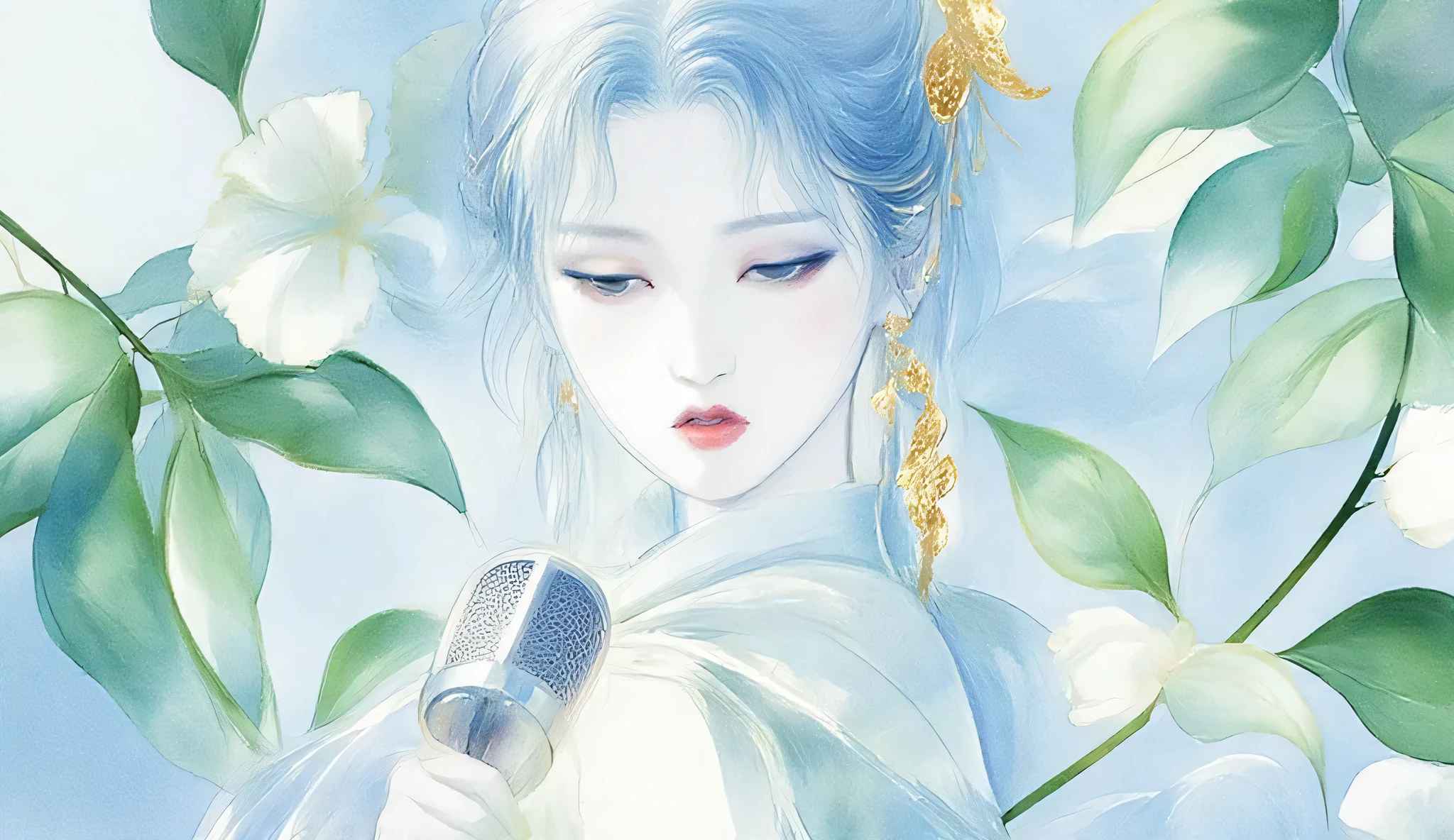 A woman singing into a microphone.work. A woman wearing a golden natural motif accessory、 flowing , digital art with quiet and mystical scenes。they look like waves and fog、gracefully on translucent green leaves I'm leaning back. the leaves mix with delicate white petals、to the beautifully vivid and vividly drawn. the overall color is soft、Calming, Blue and white shades dominate, Inspires peace and serenity. but、The lines in the painting are extremely delicate、shine mysteriously.the woman's posture and gentle flow of leaves、suggest movement and grace, creating a harmonious, dreamy atmosphere.The colors and fine lines、shines amazingly. add elegance and serenity.