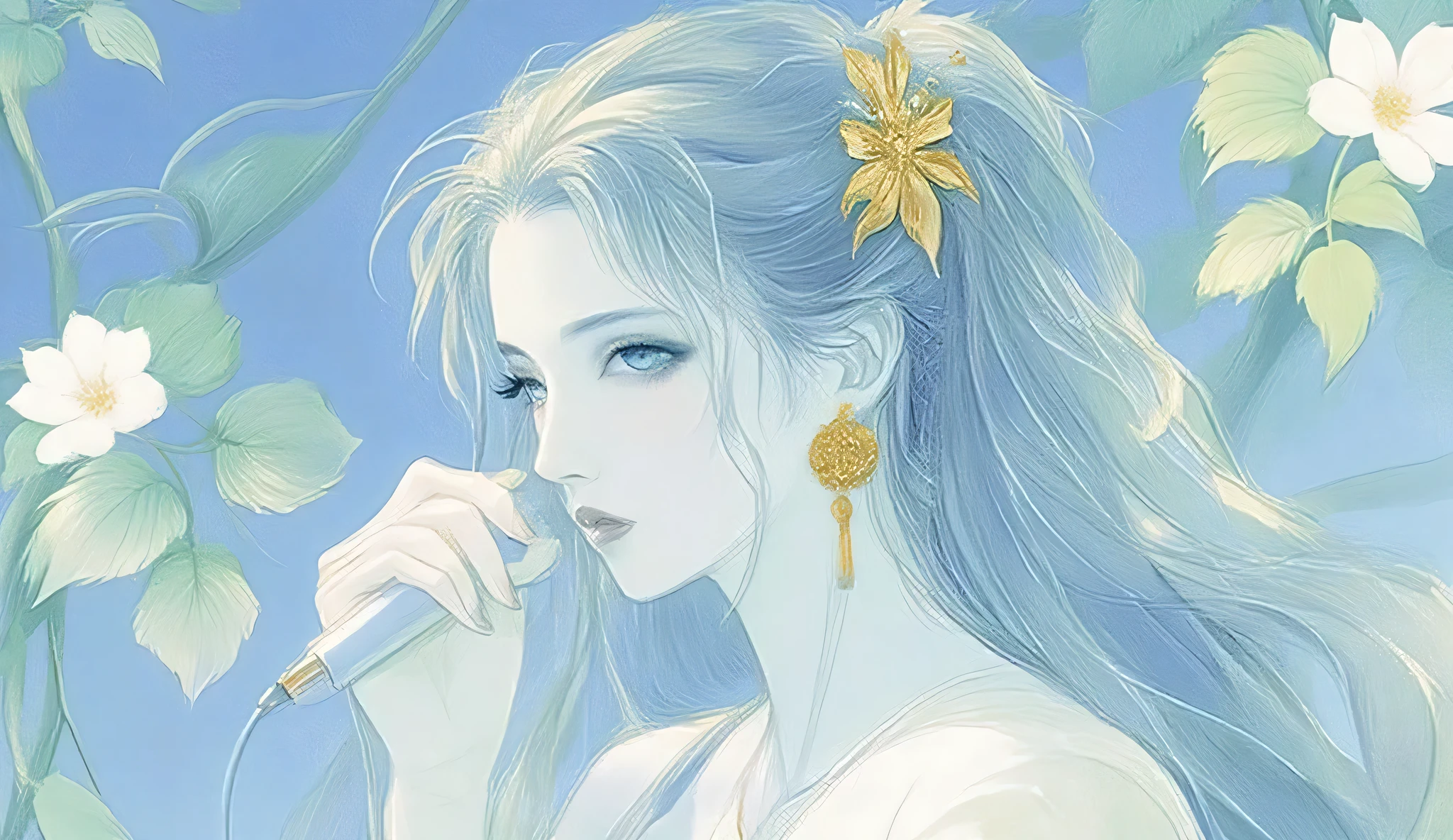 A woman singing into a microphone.work. A woman wearing a golden natural motif accessory、 flowing , digital art with quiet and mystical scenes。they look like waves and fog、gracefully on translucent green leaves I'm leaning back. the leaves mix with delicate white petals、to the beautifully vivid and vividly drawn. the overall color is soft、Calming, Blue and white shades dominate, Inspires peace and serenity. but、The lines in the painting are extremely delicate、shine mysteriously.the woman's posture and gentle flow of leaves、suggest movement and grace, creating a harmonious, dreamy atmosphere.The colors and fine lines、shines amazingly. add elegance and serenity.