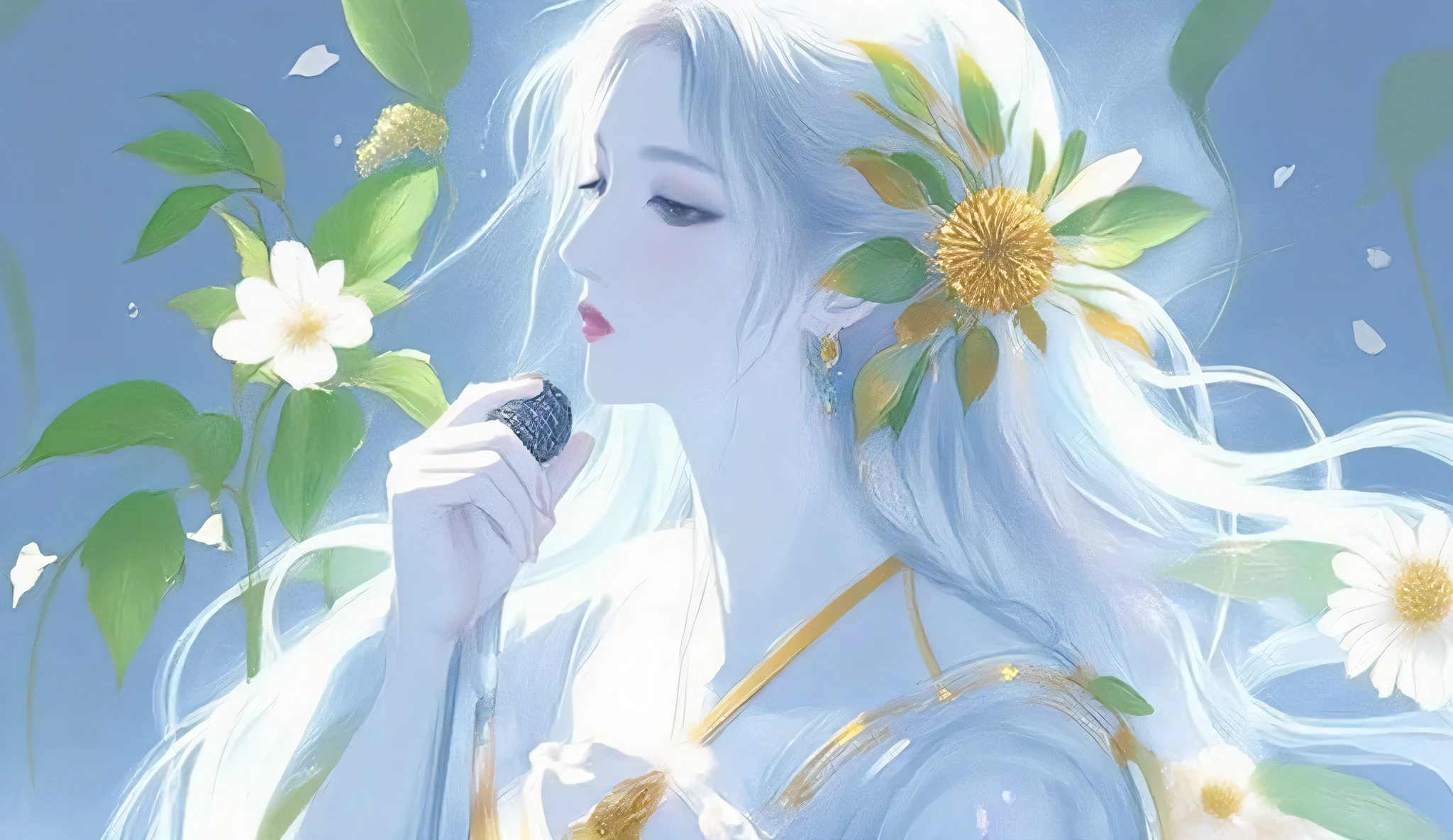 A woman singing into a microphone.work. A woman wearing a golden natural motif accessory、 flowing , digital art with quiet and mystical scenes。they look like waves and fog、gracefully on translucent green leaves I'm leaning back. the leaves mix with delicate white petals、to the beautifully vivid and vividly drawn. the overall color is soft、Calming, Blue and white shades dominate, Inspires peace and serenity. but、The lines in the painting are extremely delicate、shine mysteriously.the woman's posture and gentle flow of leaves、suggest movement and grace, creating a harmonious, dreamy atmosphere.The colors and fine lines、shines amazingly. add elegance and serenity.