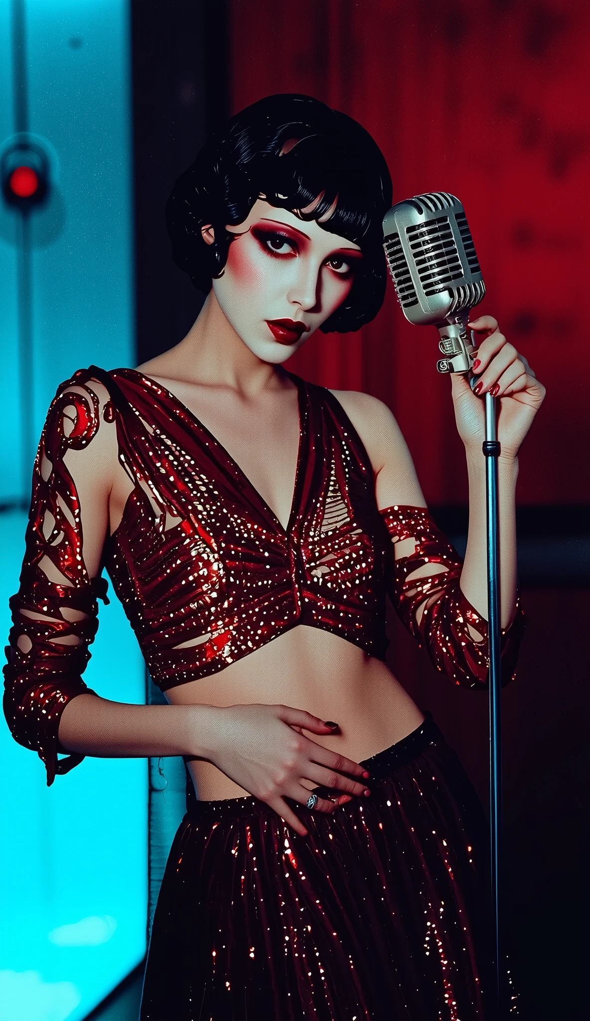singing,microphone stand,diva,in Art Deco Bar stage,a 1920s era photograph of a female model in the style of ERA1920,burlesque,full body shot,fashion photo,make up,sexy,beautiful face,Gorgeous red dress,dramatic lighting,Chic mood,Contrasting light and shadow lighting