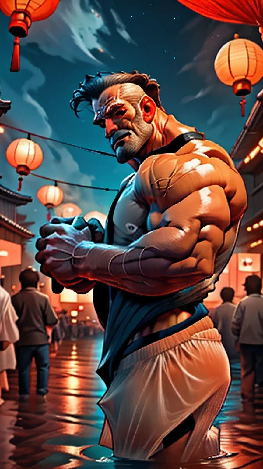 muscular japanese male, thick broad shoulders, Yakuza tattooes, wearing white fundoshi, traditional festival setting, glowing paper lanterns, muscular hairy chest, vibrant summer yukata crowd, gengoroh tagame art style, dramatic night lighting