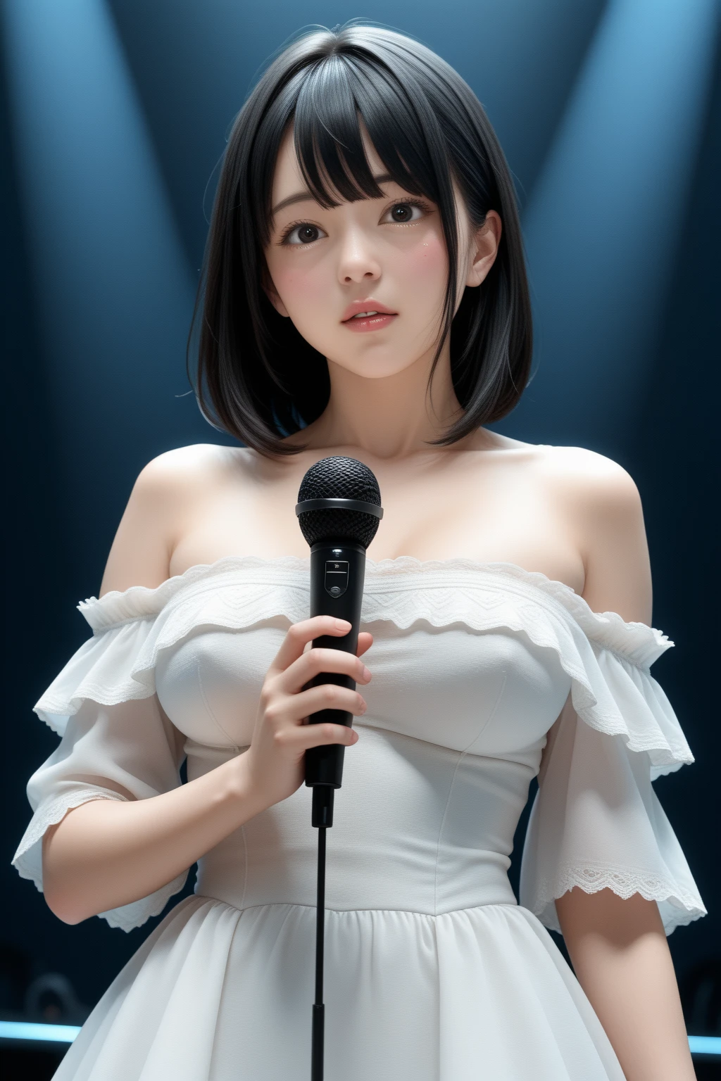 (masterpiece,best quality:1.4),(absurdres:1.3),((8k)),((super resolution:1.4)),(raw photo,photo realistic:1.2),(shiny skin),extremely detailed skin,detailed face,detailed eyes,sparkling eyes,Detailed hand,Detailed Hair,Detailed Background,(Detailed nogisaka costumes),(TEMU, popular idol costumes, stage costumes,checkered pattern, Lolita fashion),(detail idol costumes, Lolita fashion, Rakuten market, TEMU,online shopping,),((Detailed cleavage,holding microphone,Tokyo Dome, Yokohama Arena Concert,stage)),flat chest,young,1 girl,カウボーイショット,Japanese idol,extremely beautiful face,brown hair,Hair ornament, fair-skinned ,random hairstyle, pretty girl singing,,nsfw,,crouch,Front view from below:1.3,,show lace Panties ,squat