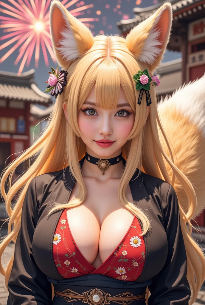 focused upper body, 1 girl, yasaka, blue kimono, big breast bust, sparkling orange eyes, (((japanese room background))), Colorful beautiful girl: long golden hair, fluffy tail, fox ear, nice perfect face with soft skinice perfect face, intricate detail, splash screen, 8k resolution, masterpiece, artstation digital painting smooth, 8k resolution photorealistic masterpiece, professional photography, natural lighting, volumetric lighting maximalist photoillustration: by marton bobzert