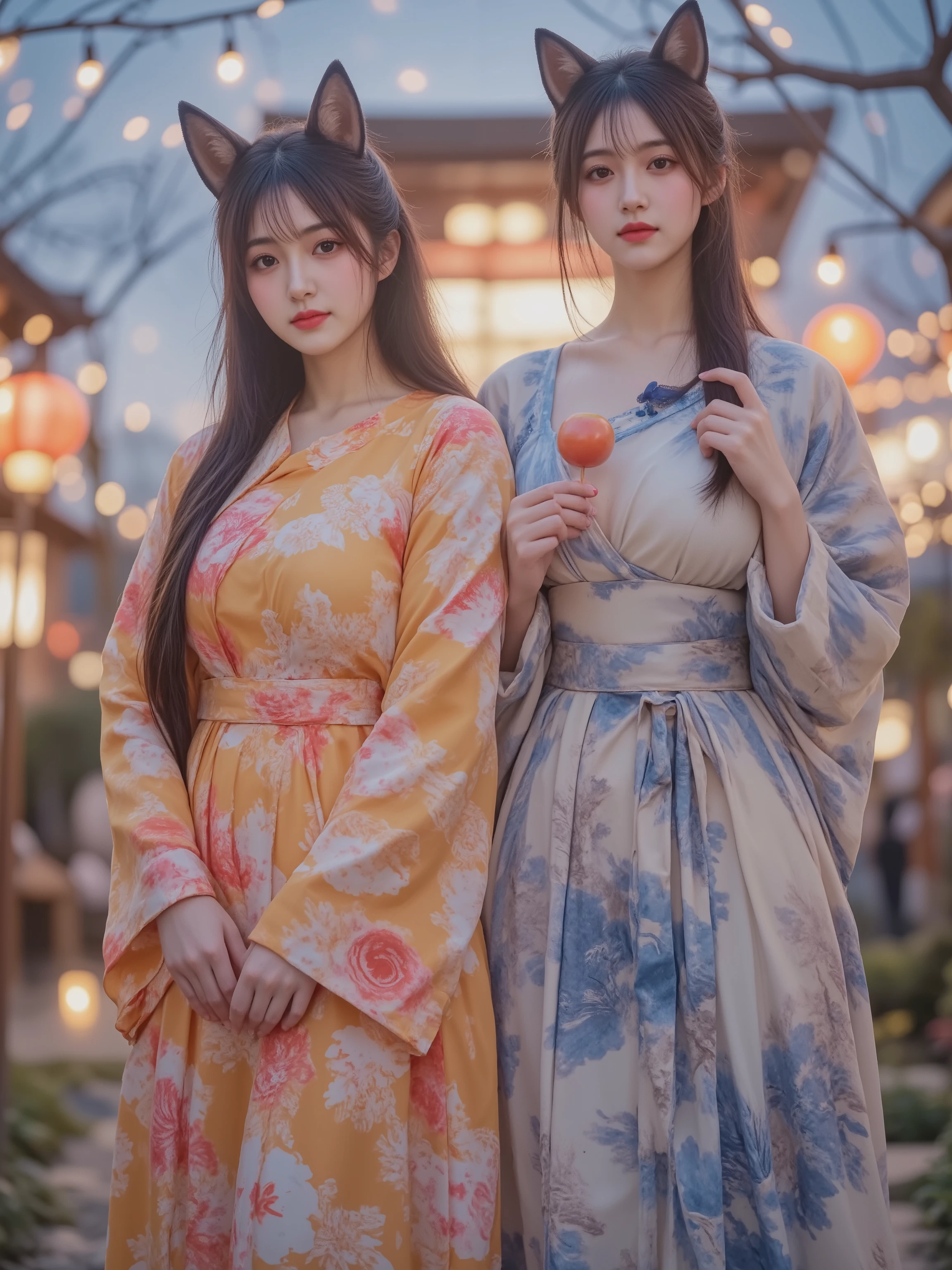 2 people, Long-haired woman with fox ears, dark-haired shorthair woman with cat ears, is wearing a yukata and eating candy apples, Japanese Night Festival, mystical atmosphere, Sunset Sky, Delicate Standing Position, Soft Natural Light, Realistic, high resolution, 超Realistic, Delicate Details, Professional, 3d rendering, extremely detailed, Vivid Colors, bokeh