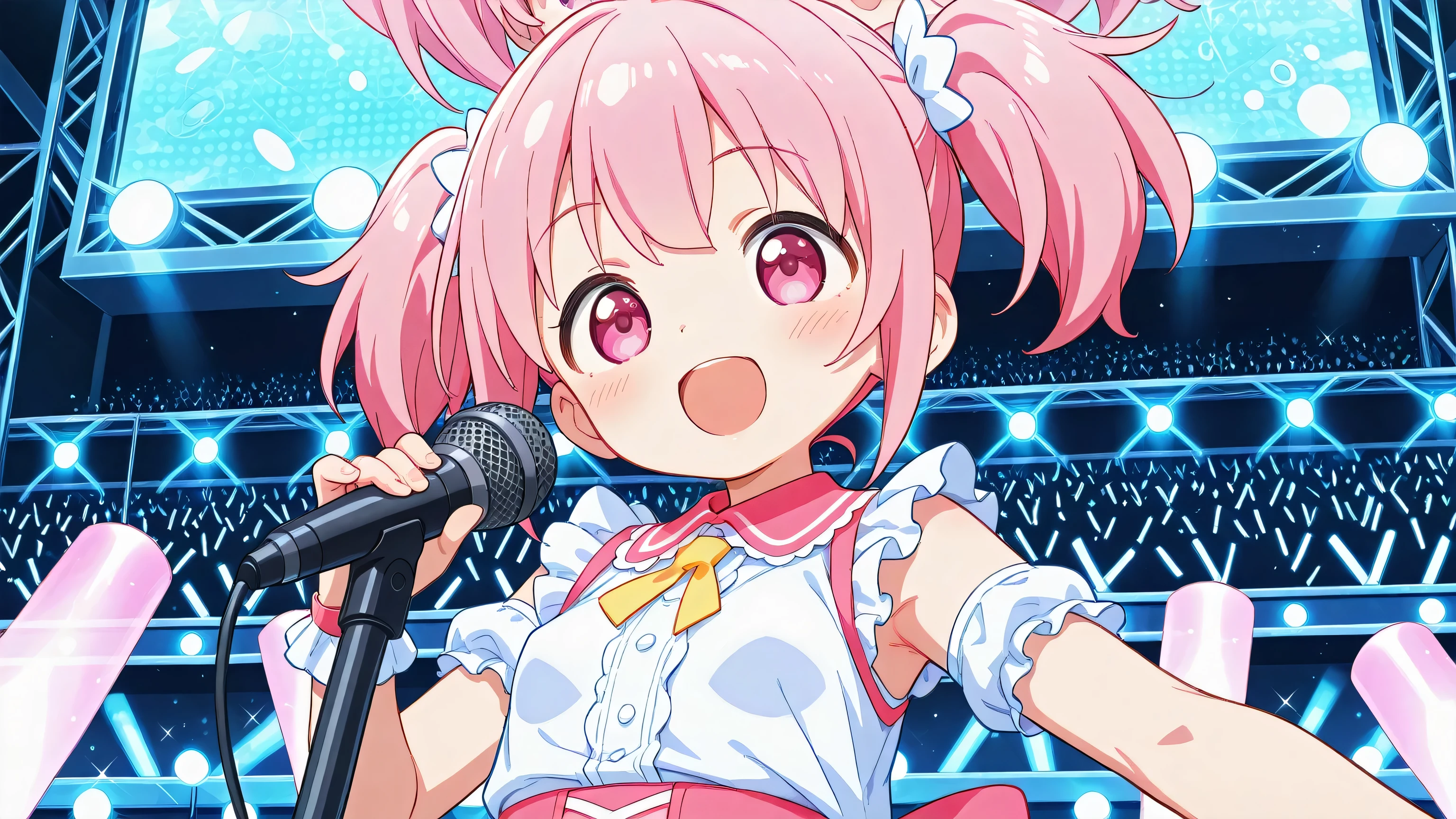 A woman singing into a microphone.she says 、 Pink hair with twin tails 、pink eyes、slightly larger boobs、white、little girl、2060 is a gentle