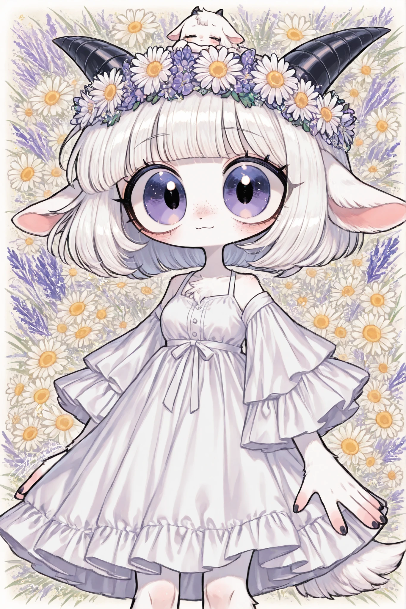 (edanoma_meu_illu,) A cute village girl, white goat furry. She has short white short goat horns on her head, she has little fluffy white goat tail and she has long fluffy goat ears. she has white skin covered with blush and freckles. She has short kinky white hair, curly bob haircut with fluffy bangs. She has purple eyes with horizontal pupil. She is wearing a log white sundress with an open neck and with long airy sleeves. She wearing on her head a wreath of dandelions and clover. On the background : a endless field where many wildflowers such as clover, dandelions, daisies, lavender, bluebells and cornflowers bloom. A sunny day.