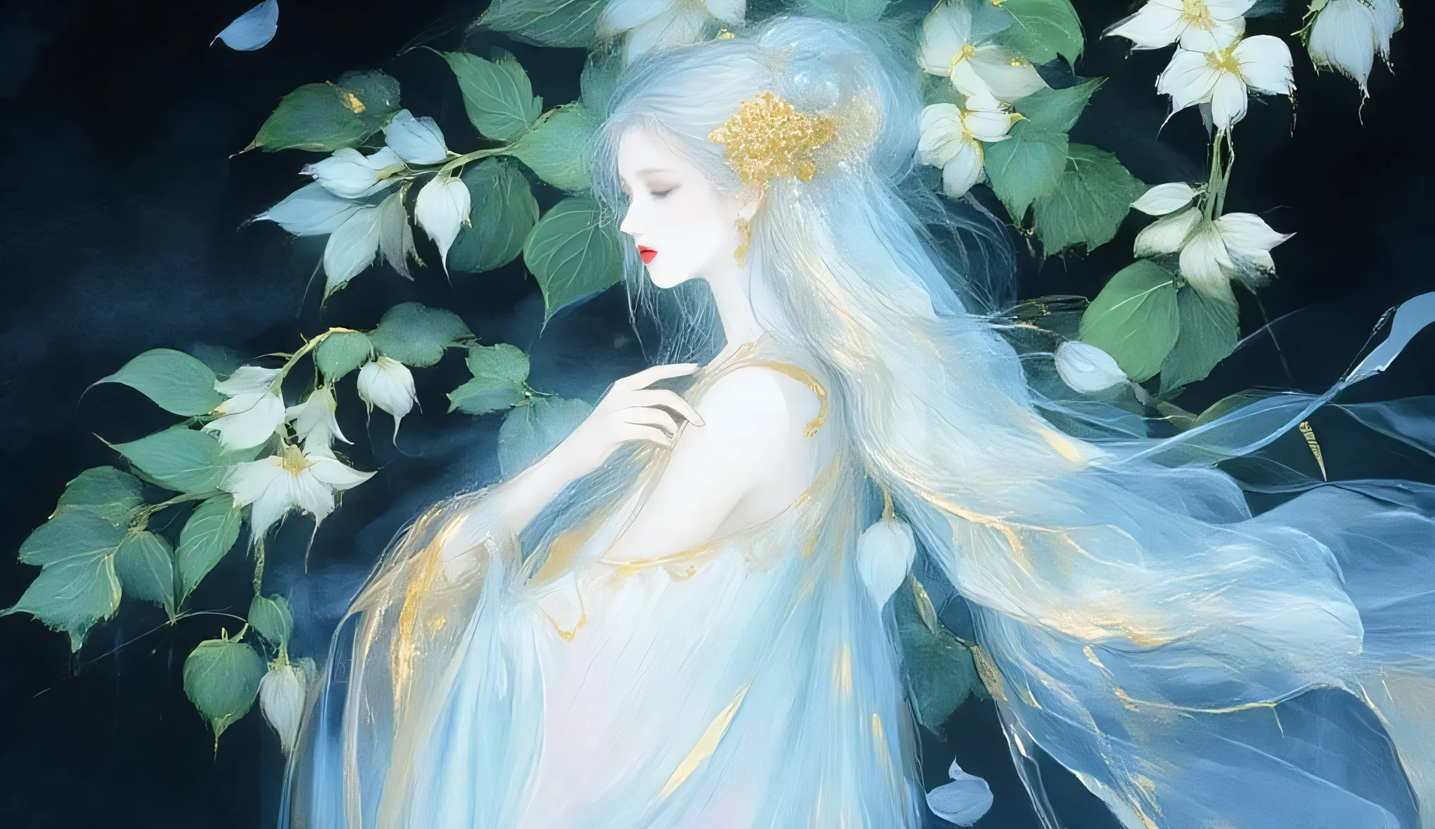 A woman singing into a microphone.work. A woman wearing a golden natural motif accessory、 flowing , digital art with quiet and mystical scenes。they look like waves and fog、gracefully on translucent green leaves I'm leaning back. the leaves mix with delicate white petals、to the beautifully vivid and vividly drawn. the overall color is soft、Calming, Blue and white shades dominate, Inspires peace and serenity. but、The lines in the painting are extremely delicate、shine mysteriously.the woman's posture and gentle flow of leaves、suggest movement and grace, creating a harmonious, dreamy atmosphere.The colors and fine lines、shines amazingly. add elegance and serenity. 