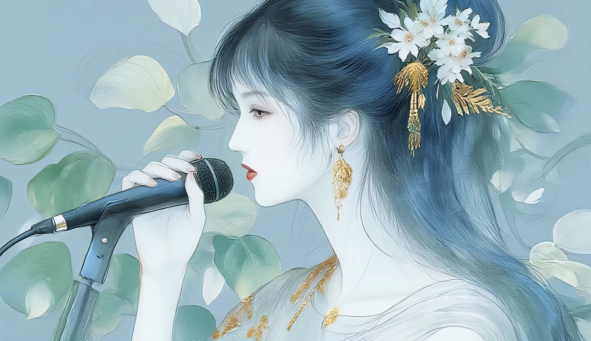 A woman singing into a microphone.work. A woman wearing a golden natural motif accessory、 flowing , digital art with quiet and mystical scenes。they look like waves and fog、gracefully on translucent green leaves I'm leaning back. the leaves mix with delicate white petals、to the beautifully vivid and vividly drawn. the overall color is soft、Calming, Blue and white shades dominate, Inspires peace and serenity. but、The lines in the painting are extremely delicate、shine mysteriously.the woman's posture and gentle flow of leaves、suggest movement and grace, creating a harmonious, dreamy atmosphere.The colors and fine lines、shines amazingly. add elegance and serenity.
