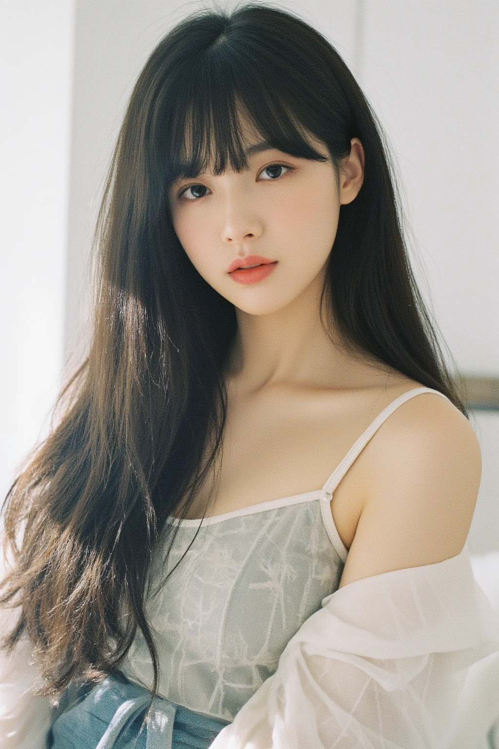 (Highest quality、8K、32k、masterpiece、uhd)(Silky Hair、one person's２５Pretty woman of age、Natural brown hair、Medium Hair、Glossy hair、Loose and fluffy hair) Portraiture、In natural fashion、Concrete Background、Concrete wall