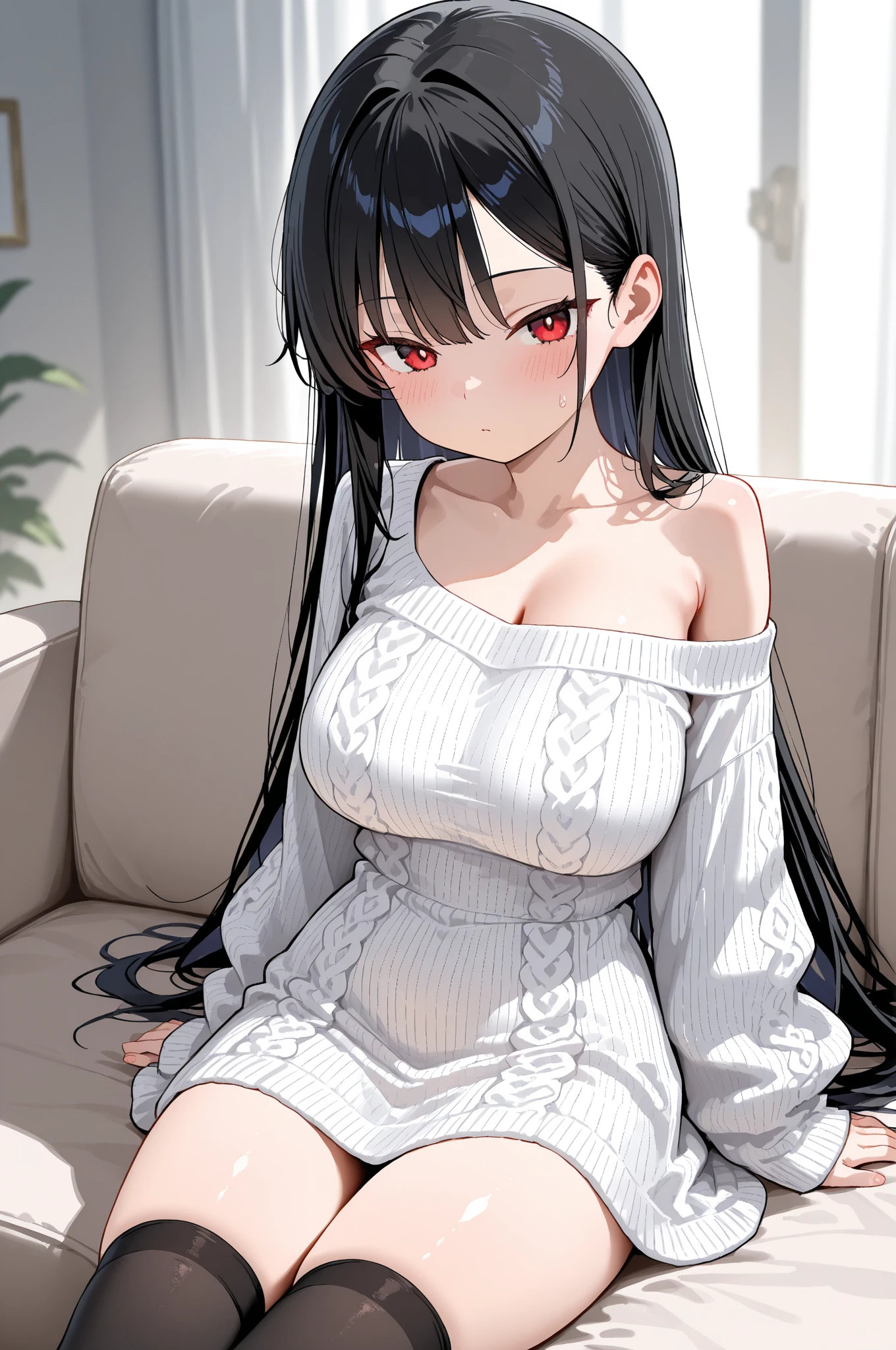20-year-old、Black Hair、Long Hair、Scraping、An oversized sweater that reveals cleavage、Mature、sitting cross-legged on a large sofa、Smile