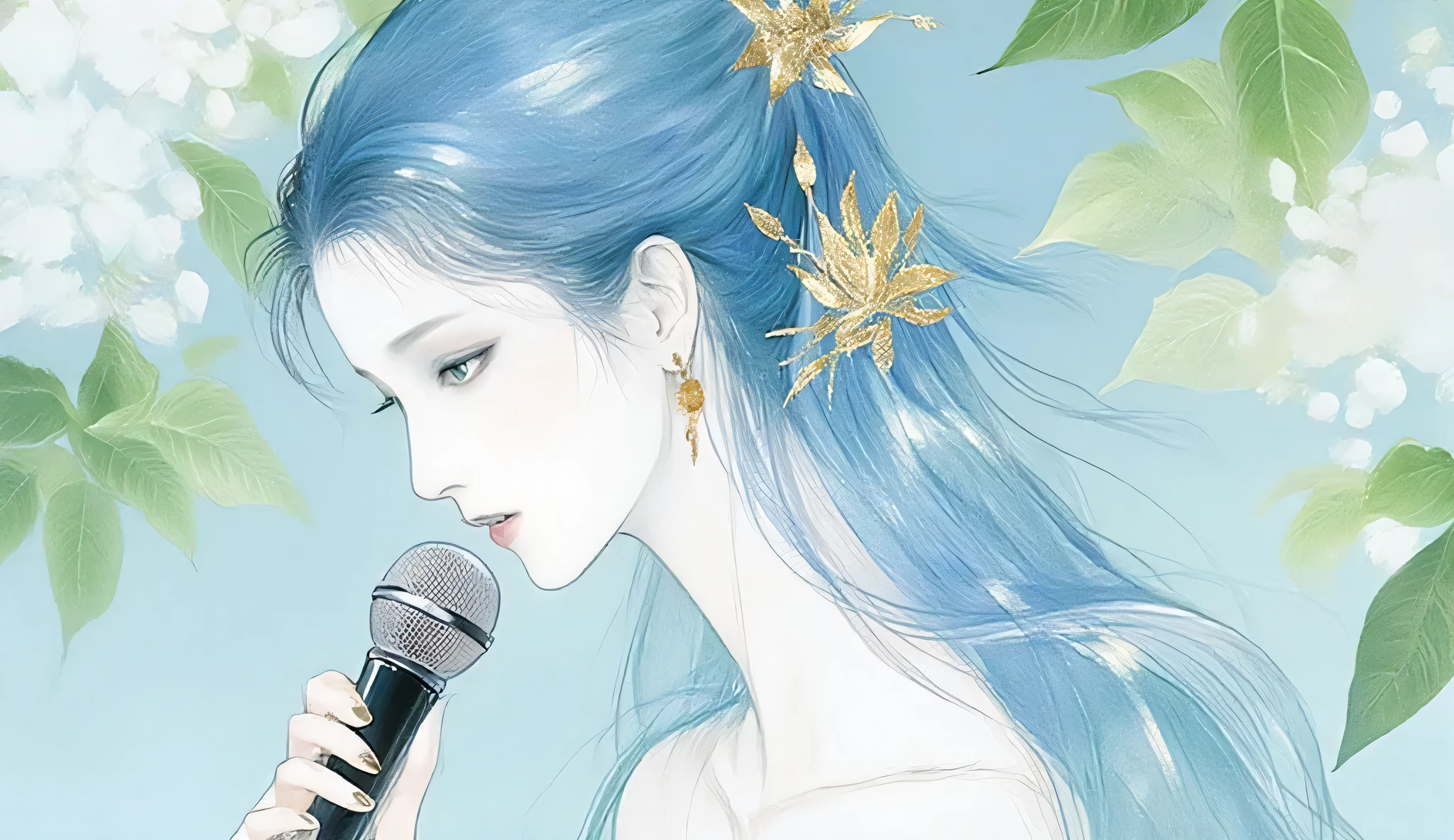 A woman singing into a microphone.work. A woman wearing a golden natural motif accessory、 flowing , digital art with quiet and mystical scenes。they look like waves and fog、gracefully on translucent green leaves I'm leaning back. the leaves mix with delicate white petals、to the beautifully vivid and vividly drawn. the overall color is soft、Calming, Blue and white shades dominate, Inspires peace and serenity. but、The lines in the painting are extremely delicate、shine mysteriously.the woman's posture and gentle flow of leaves、suggest movement and grace, creating a harmonious, dreamy atmosphere.The colors and fine lines、shines amazingly. add elegance and serenity.