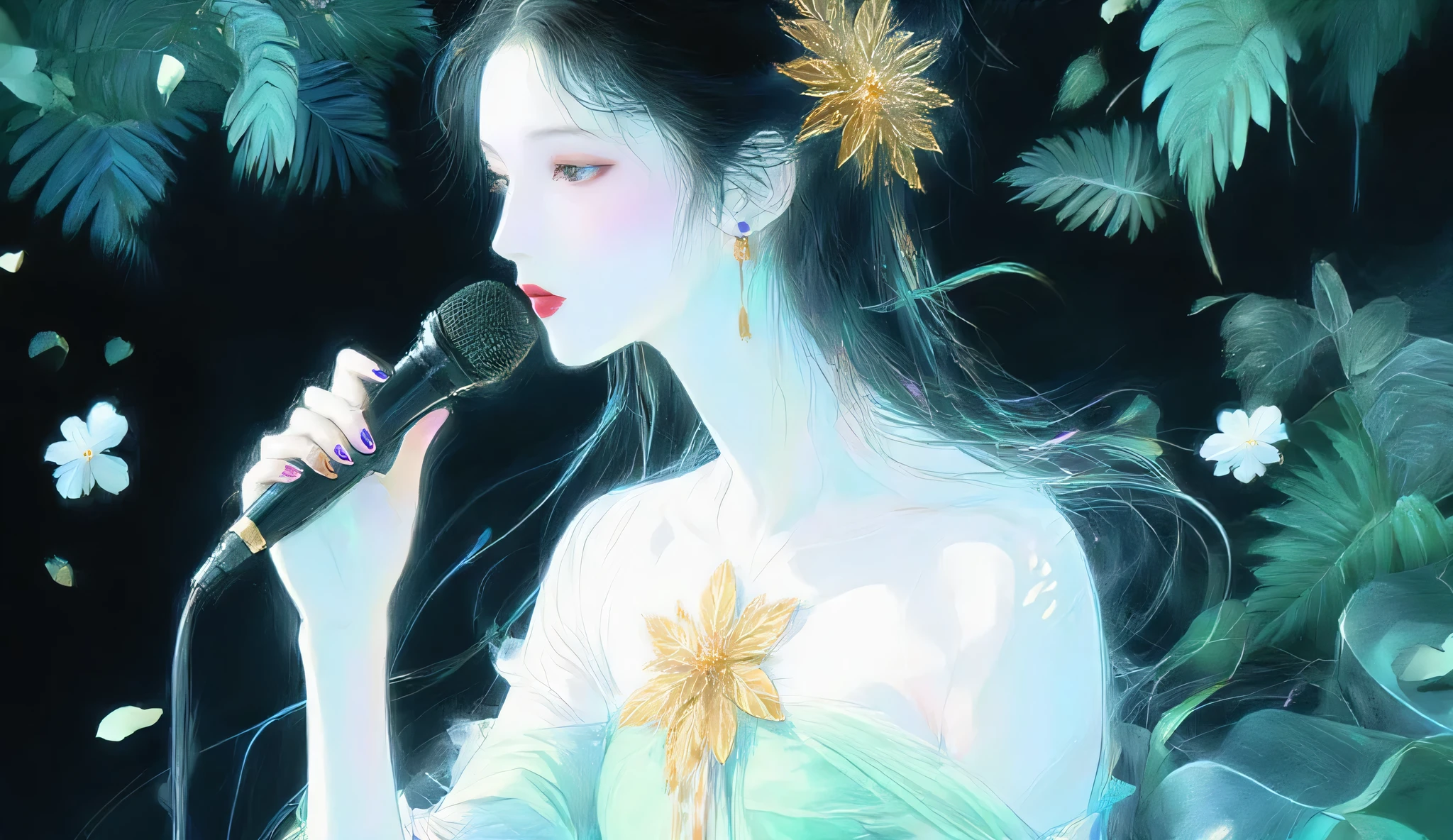 A woman singing into a microphone.work. A woman wearing a golden natural motif accessory、 flowing , digital art with quiet and mystical scenes。they look like waves and fog、gracefully on translucent green leaves I'm leaning back. the leaves mix with delicate white petals、to the beautifully vivid and vividly drawn. the overall color is soft、Calming, Blue and white shades dominate, Inspires peace and serenity. but、The lines in the painting are extremely delicate、shine mysteriously.the woman's posture and gentle flow of leaves、suggest movement and grace, creating a harmonious, dreamy atmosphere.The colors and fine lines、shines amazingly. add elegance and serenity.