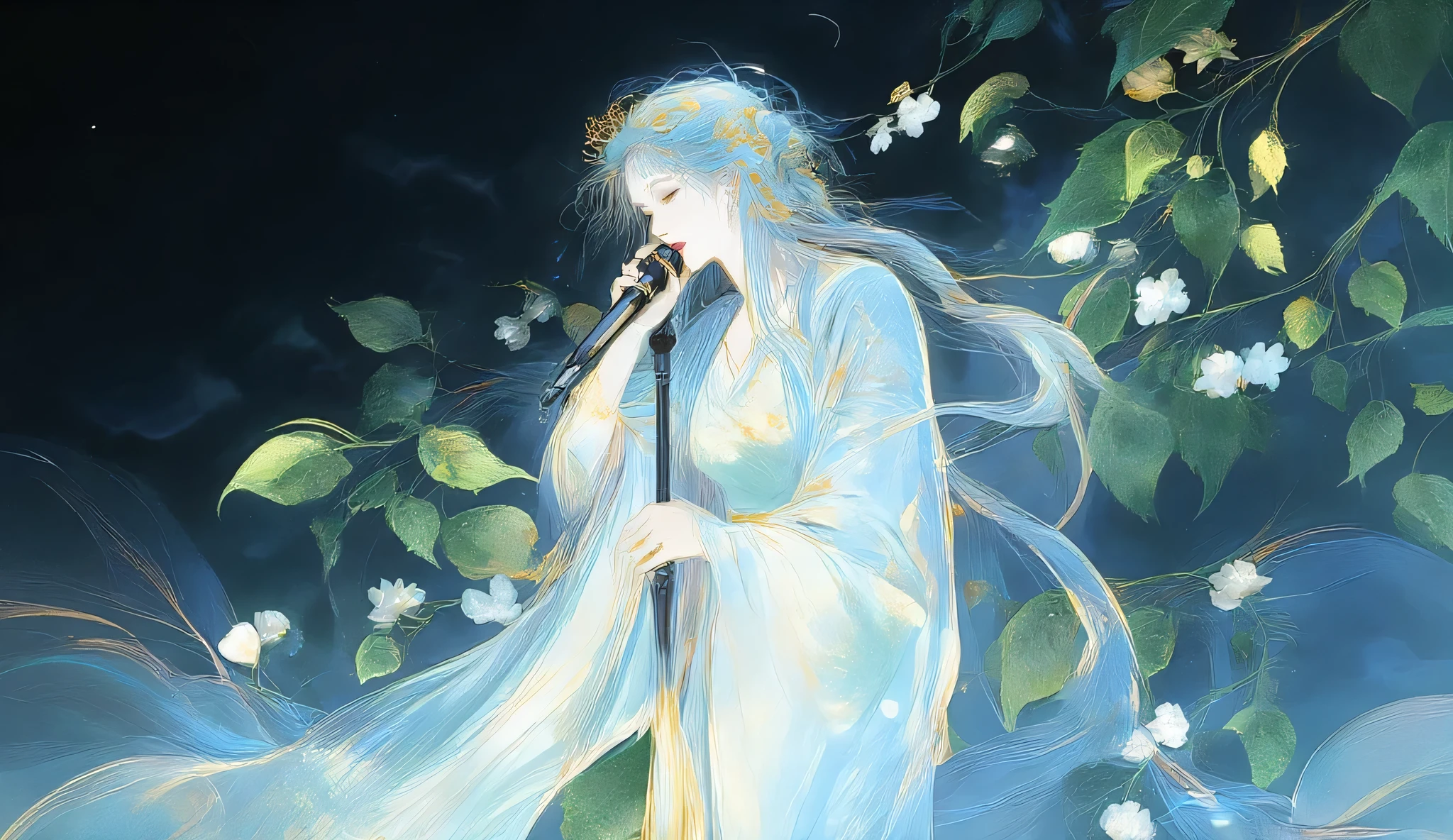 A woman singing into a microphone.work. A woman wearing a golden natural motif accessory、 flowing , digital art with quiet and mystical scenes。they look like waves and fog、gracefully on translucent green leaves I'm leaning back. the leaves mix with delicate white petals、to the beautifully vivid and vividly drawn. the overall color is soft、Calming, Blue and white shades dominate, Inspires peace and serenity. but、The lines in the painting are extremely delicate、shine mysteriously.the woman's posture and gentle flow of leaves、suggest movement and grace, creating a harmonious, dreamy atmosphere.The colors and fine lines、shines amazingly. add elegance and serenity.