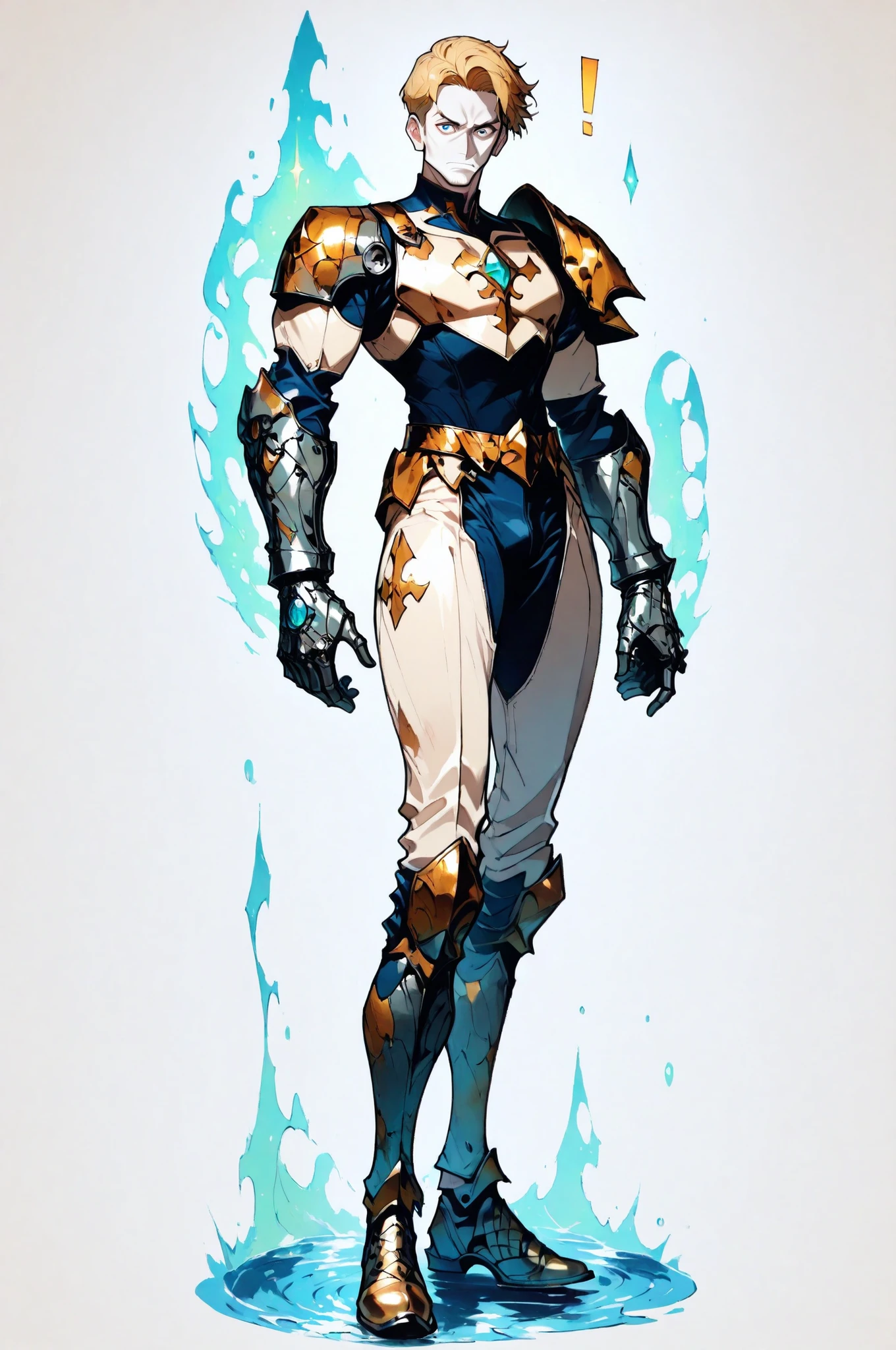 masterpiece, best quality, amazing quality, very aesthetic, high resolution, newest, hyper-detailed, solo, male character, mature man, pale skin, short hair, blonde hair, leopard suits, social shoes, armor pieces on his shoulder and chest, metal gloves on hands, full body, fan art, magic aura around him, a post apocalyptic theme, water port on the background