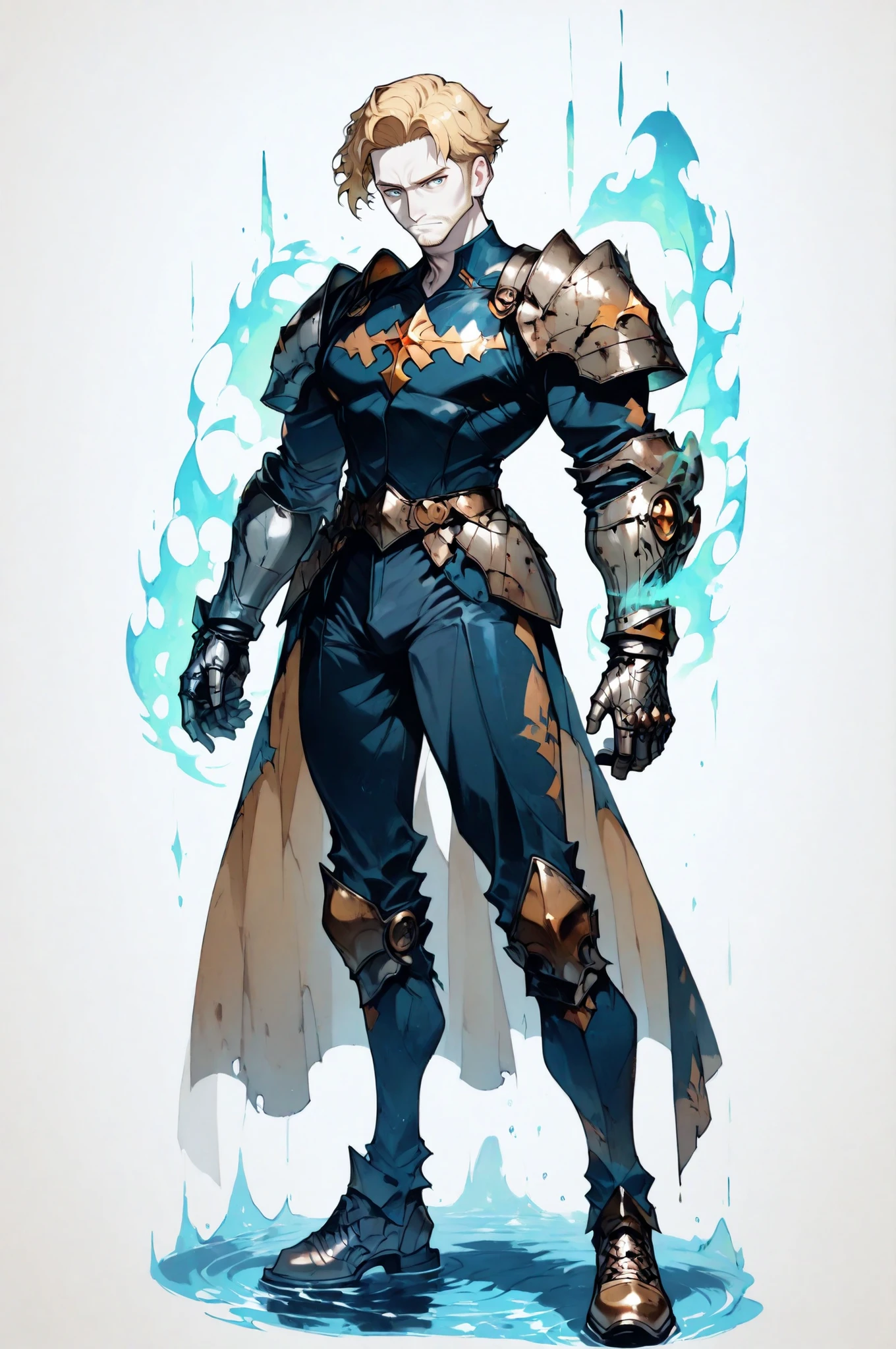 masterpiece, best quality, amazing quality, very aesthetic, high resolution, newest, hyper-detailed, solo, male character, mature man, pale skin, short hair, blonde hair, leopard suits, social shoes, armor pieces on his shoulder and chest, metal gloves on hands, full body, fan art, magic aura around him, a post apocalyptic theme, water port on the background