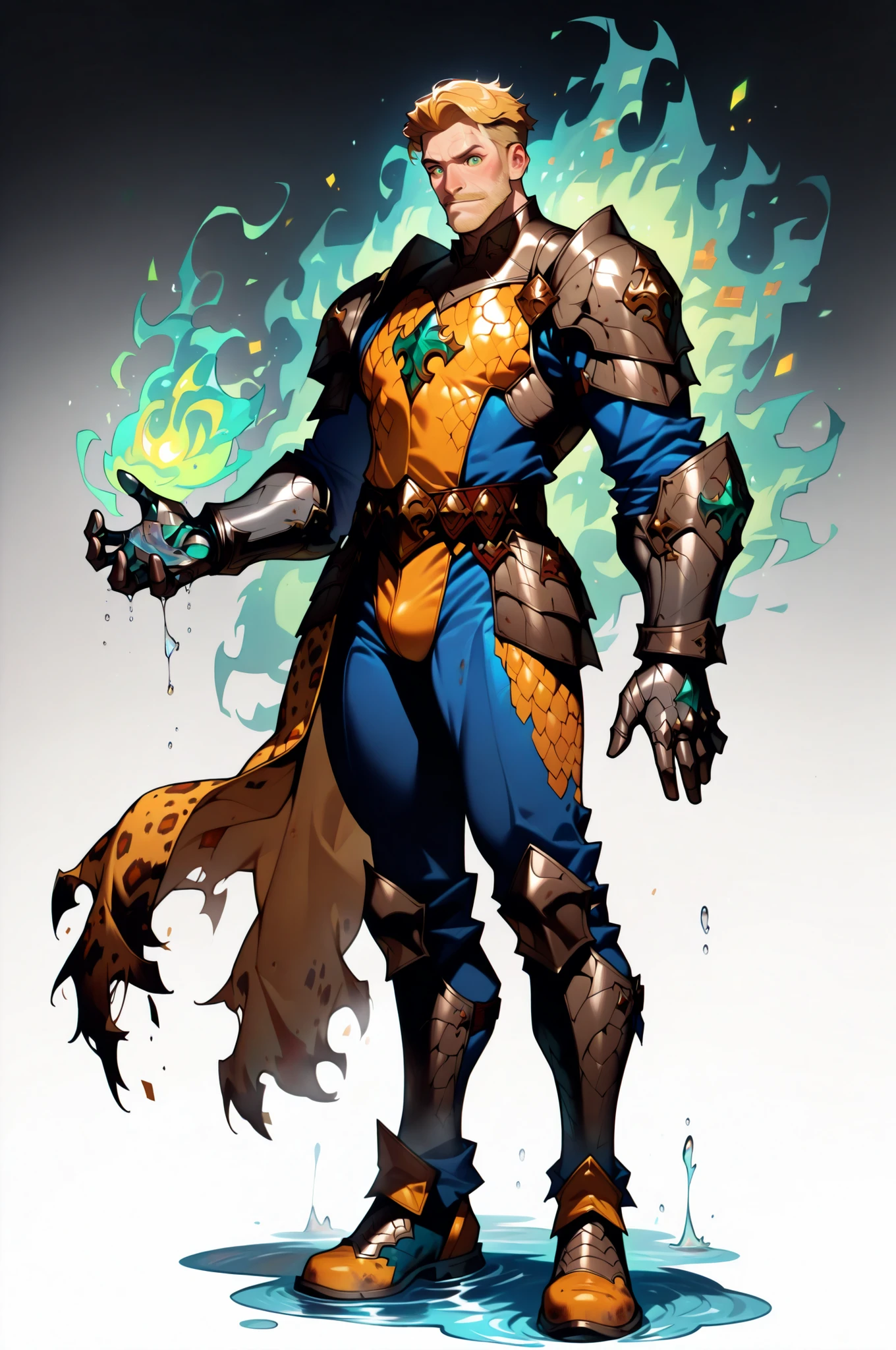 masterpiece, best quality, amazing quality, very aesthetic, high resolution, newest, hyper-detailed, solo, male character, mature man, pale skin, short hair, blonde hair, leopard suits, social shoes, armor pieces on his shoulder and chest, metal gloves on hands, full body, fan art, magic aura around him, a post apocalyptic theme, water port on the background